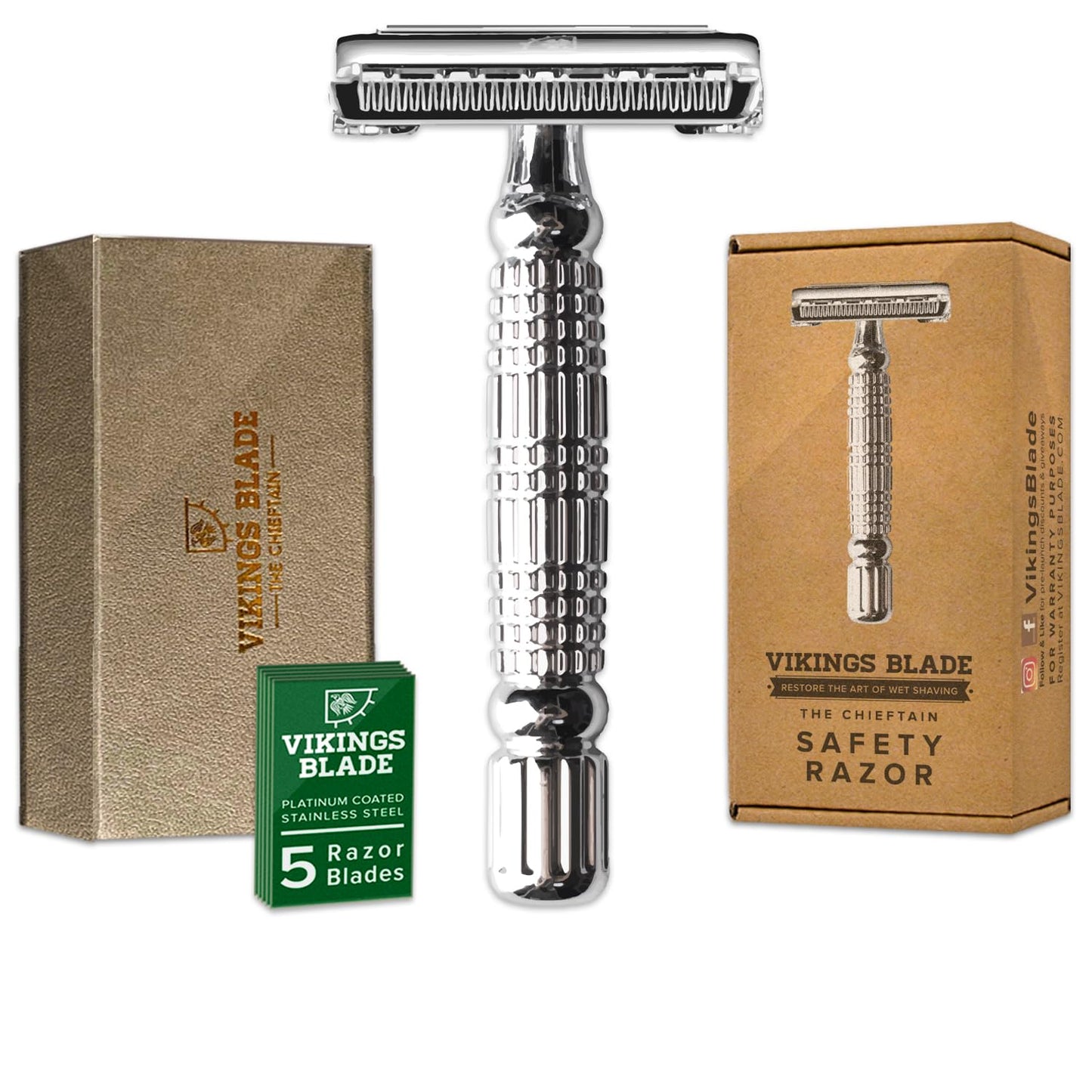 VIKINGS BLADE The Chieftain Safety Razor + Swedish Platinum Super Blades + Carry Case