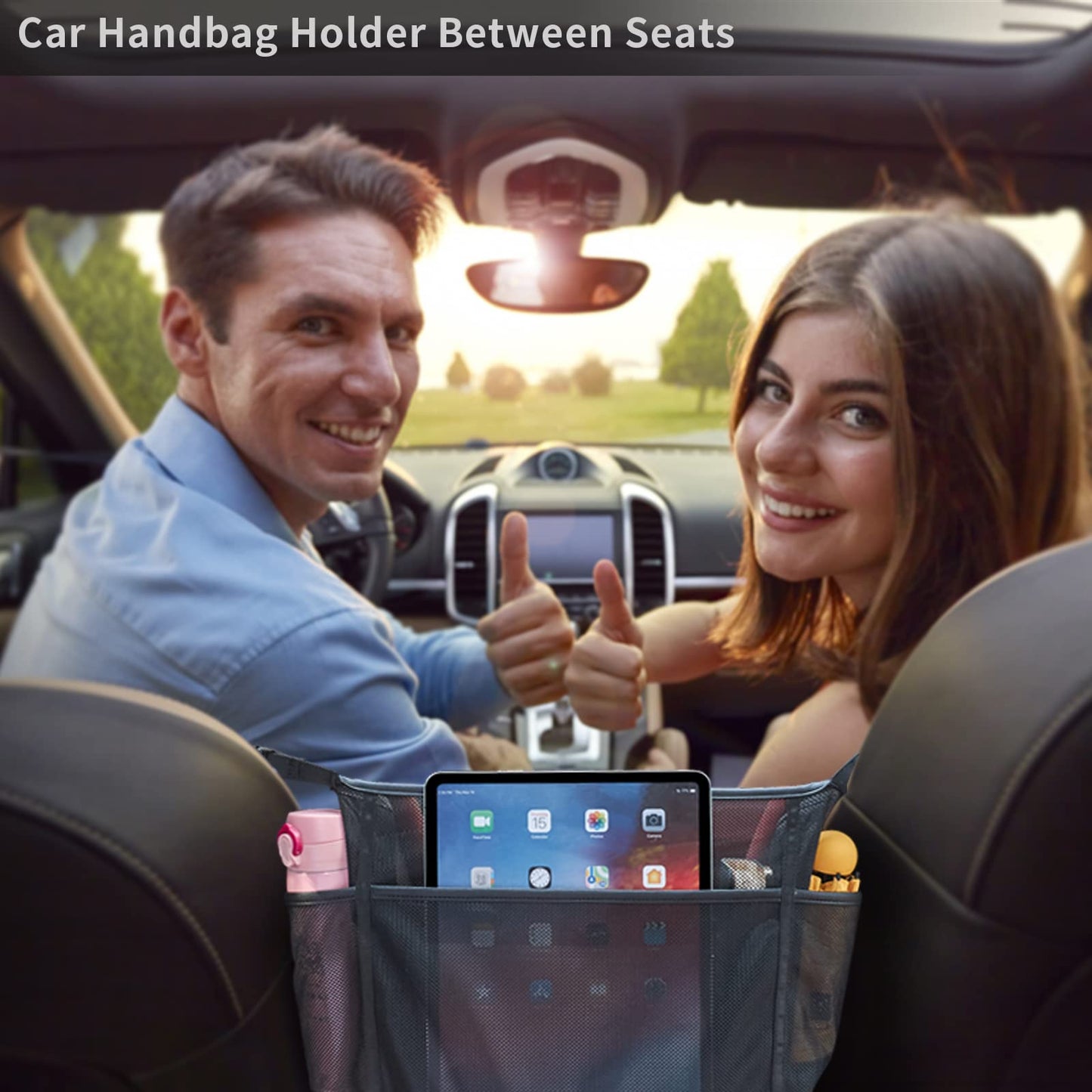 WLLWOO Organizador de Bolso de Red para Coche, Soporte para Bolso de Mano Entre Asientos, Almacenamiento Trasero, Soporte para Monedero para Consola, Barrera de Almacenamiento para Asiento Delantero