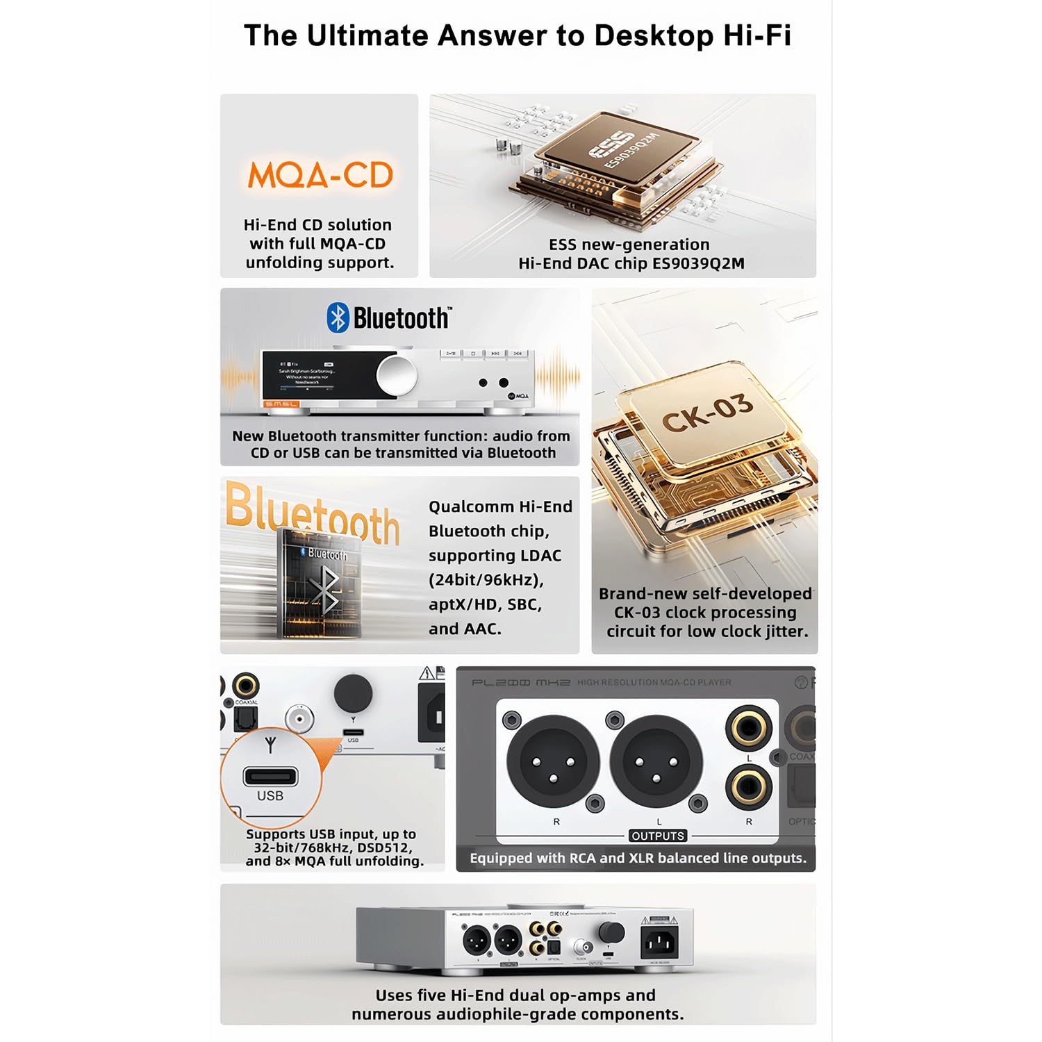 SMSL PL200 MK2 MQA-CD Player, reproductor de CD todo en uno, DAC y HP AMP, chip DAC de alta gama ES9039Q2M, transmisor Bluetooth, reproducción perfecta, 32 bits/768 kHz DSD512, entrada USB/BT/CD