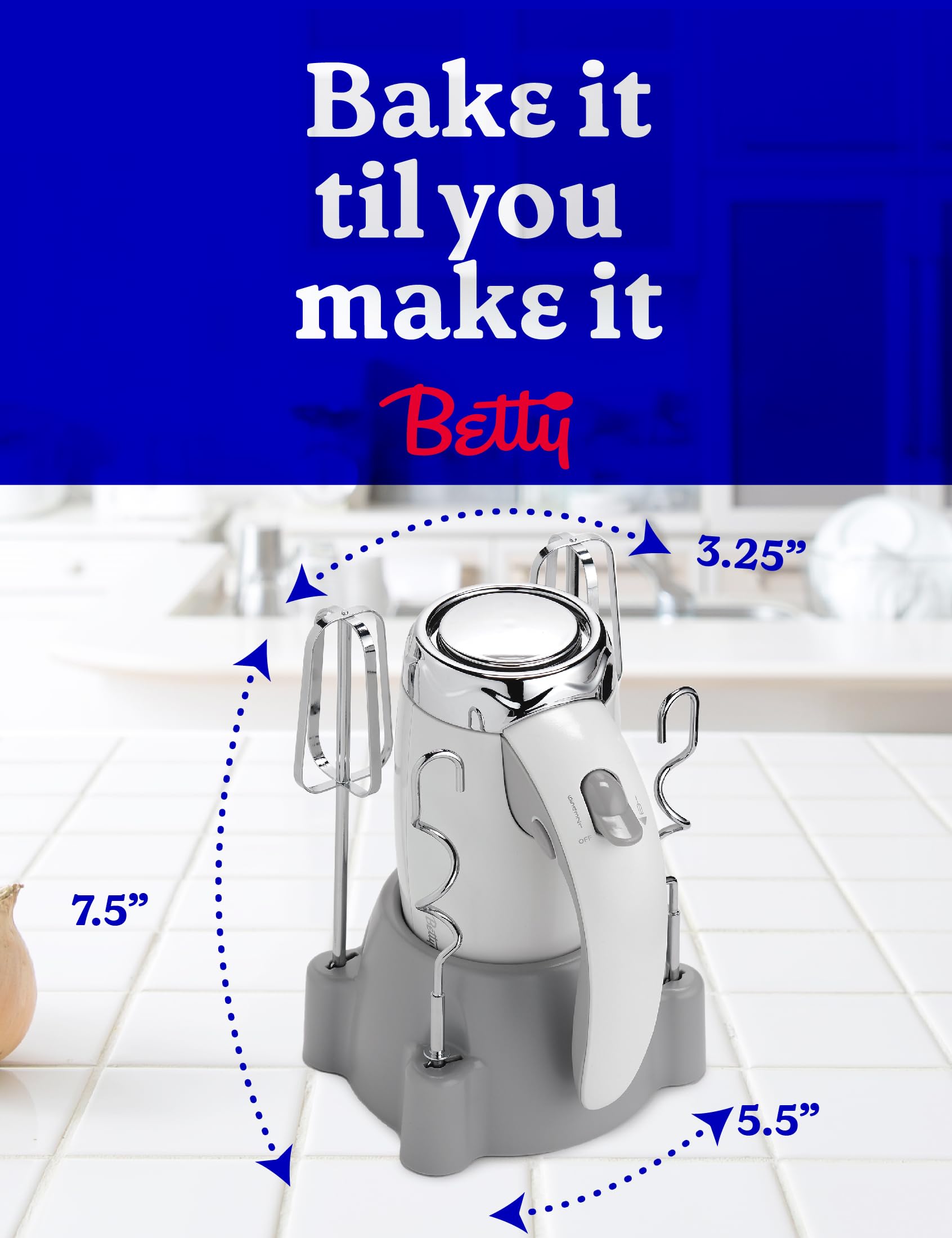 BETTY CROCKER - Batidora de mano eléctrica de 7 velocidades, 250 W con batidores y ganchos para masa, mezclador de mano eléctrico ergonómico para el hogar y la cocina con soporte y mango suave al