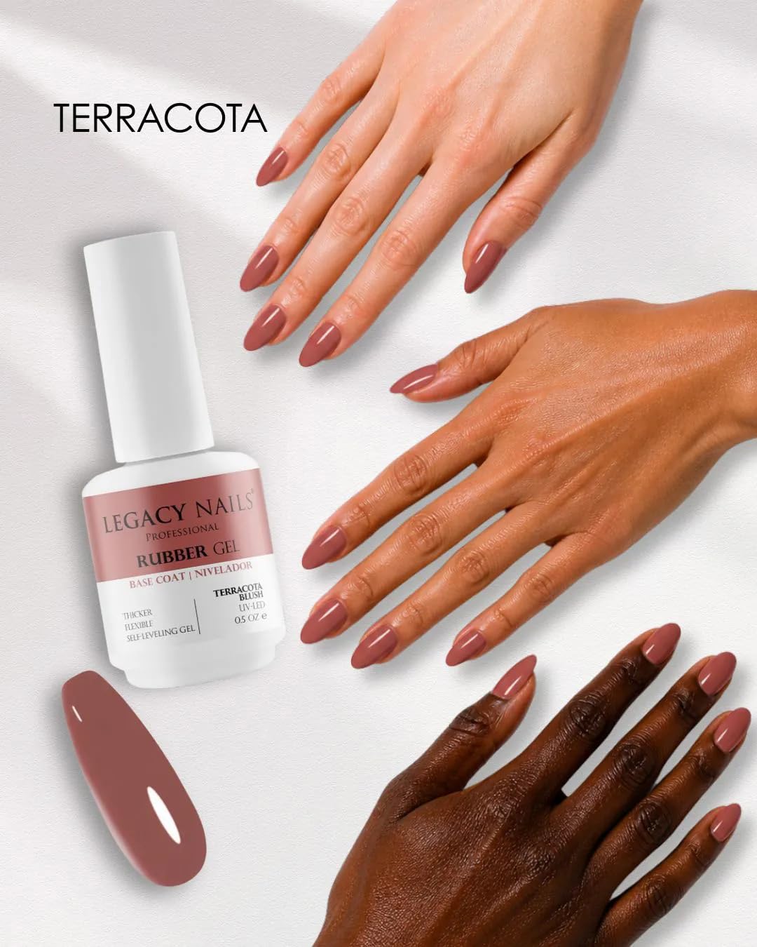 LEGACY NAILS Base de gel de caucho profesional 0.5 fl oz. Nivelador UV-LED Base de gel elástica, espesa y flexible de cobertura total (TERRACOTA BLUSH)