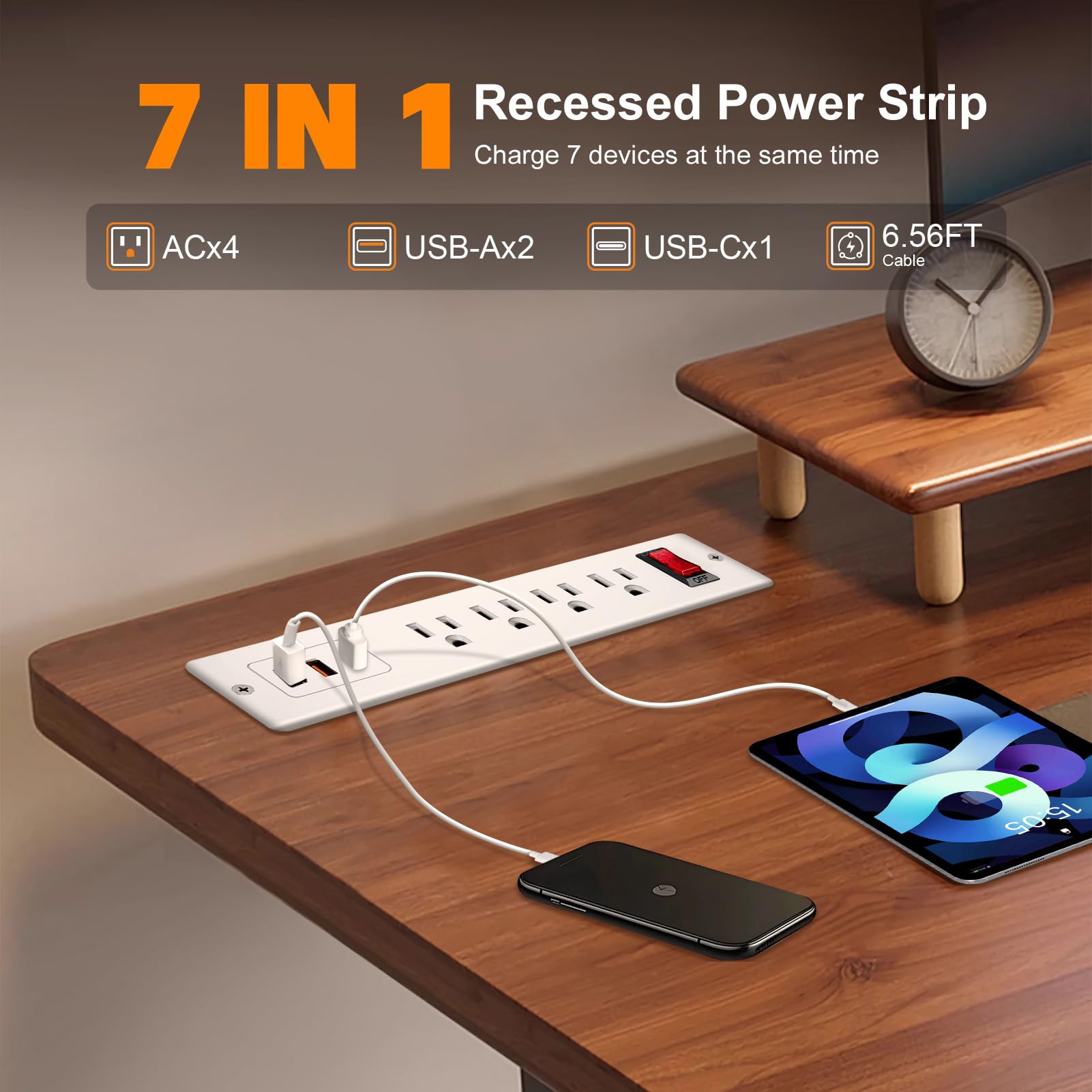 4 LEAF Regleta Multicontacto Escritorio Empotrable con USB C 20W Carga Rápida Extension Electrica para Muebles 4 Outlets 3 USB 2 Metros Plano Enchufe de Alimentación para Hogar Oficina Hotel
