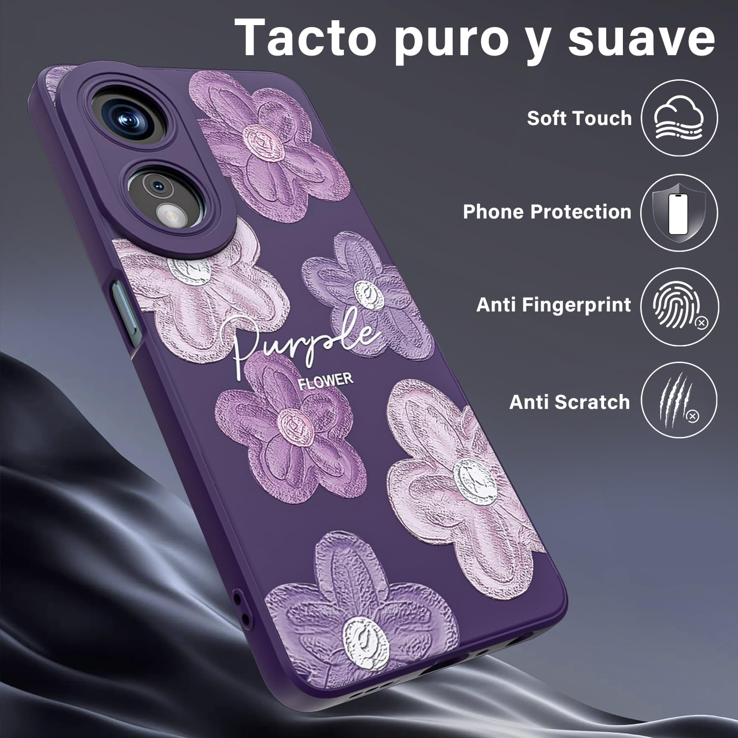 Threehao Funda para OPPO A98 5G Case Uso Rudo, Ultra Delgado Flexible Púrpura Suave TPU Silicona Carcasa con Moda Aesthetic Dibujos Flores, Antigolpes Anti-arañazos Protectora