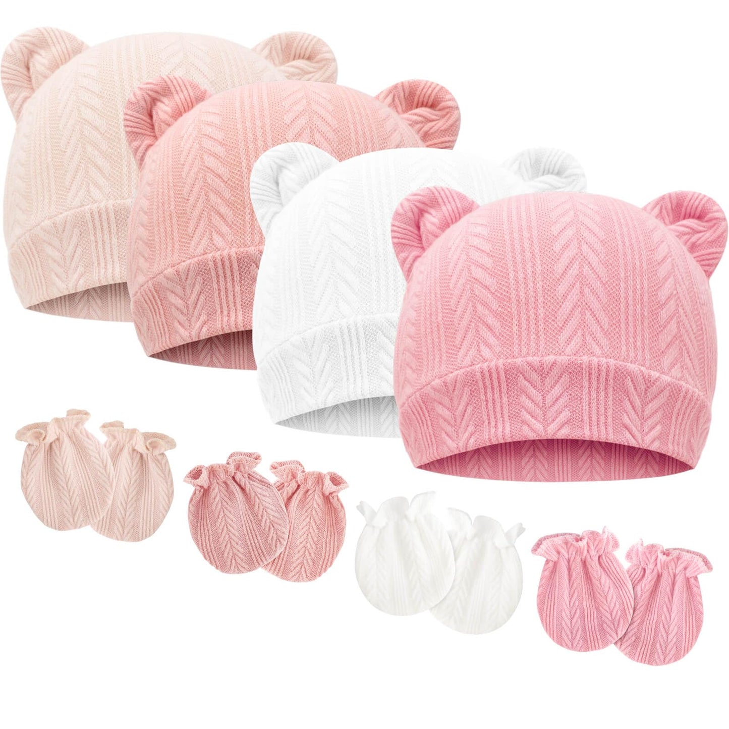 BQUBO - Juego de sombreros para bebé recién nacido, orejas de oso y manoplas, gorras para bebés y niñas, gorro de hospital para bebés de 0 a 3 meses, 4 juegos P: sombreros y manoplas de oreja de oso