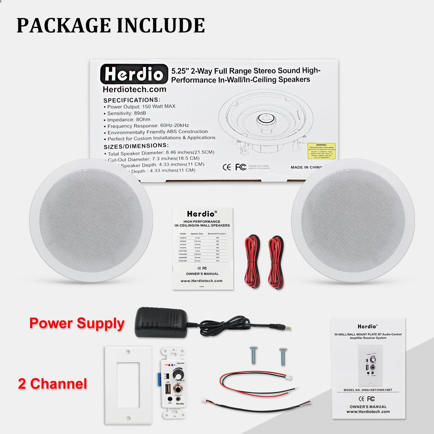 Herdio Paquete de Audio hogar, con Control de Montaje en Pared, Sistema Receptor de Amplificador con 300 W en Pared, Techo, bocinas pasivas, perfectos para Cine en casa, Oficina, baño, Cocina