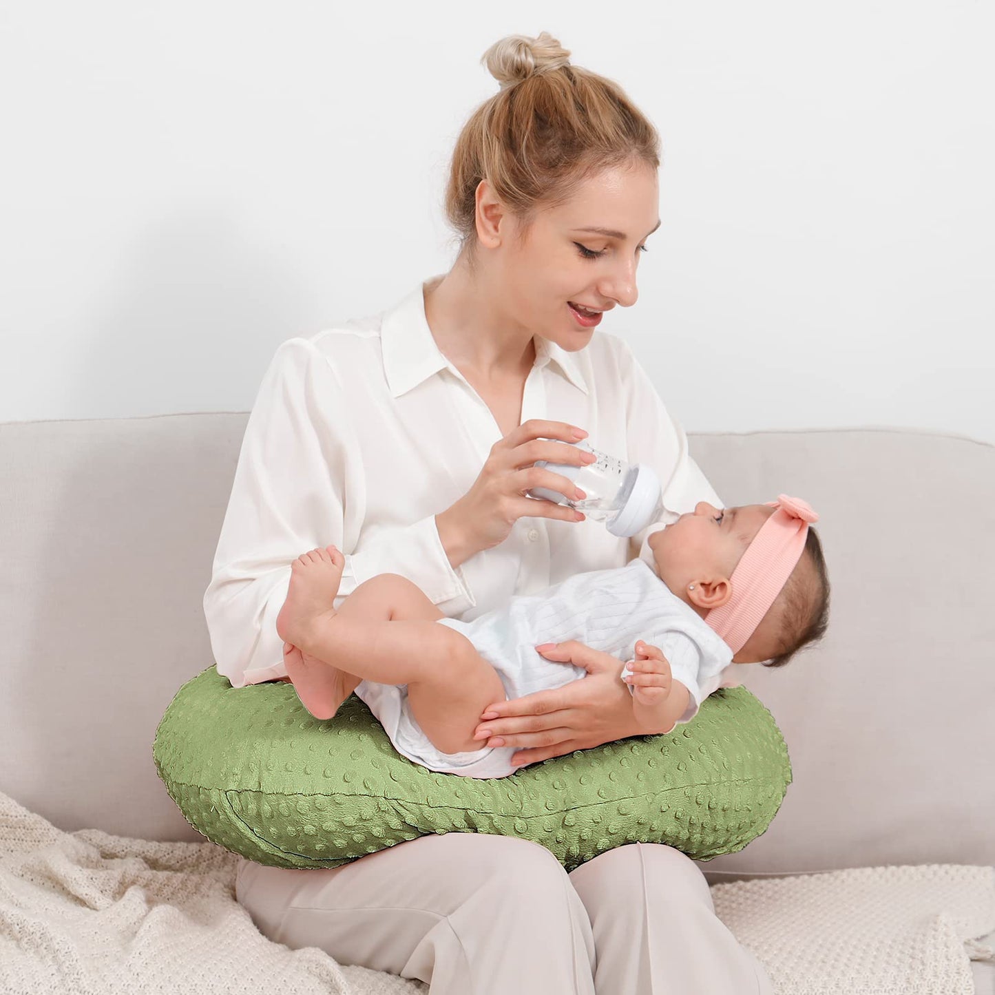 QUENESS Almohada de lactancia y posicionador, lactancia materna, alimentación con biberón, soporte para sentarse al bebé con funda extraíble ultra suave, soporte para el tiempo de barriga para bebés niños y niñas (salvia)