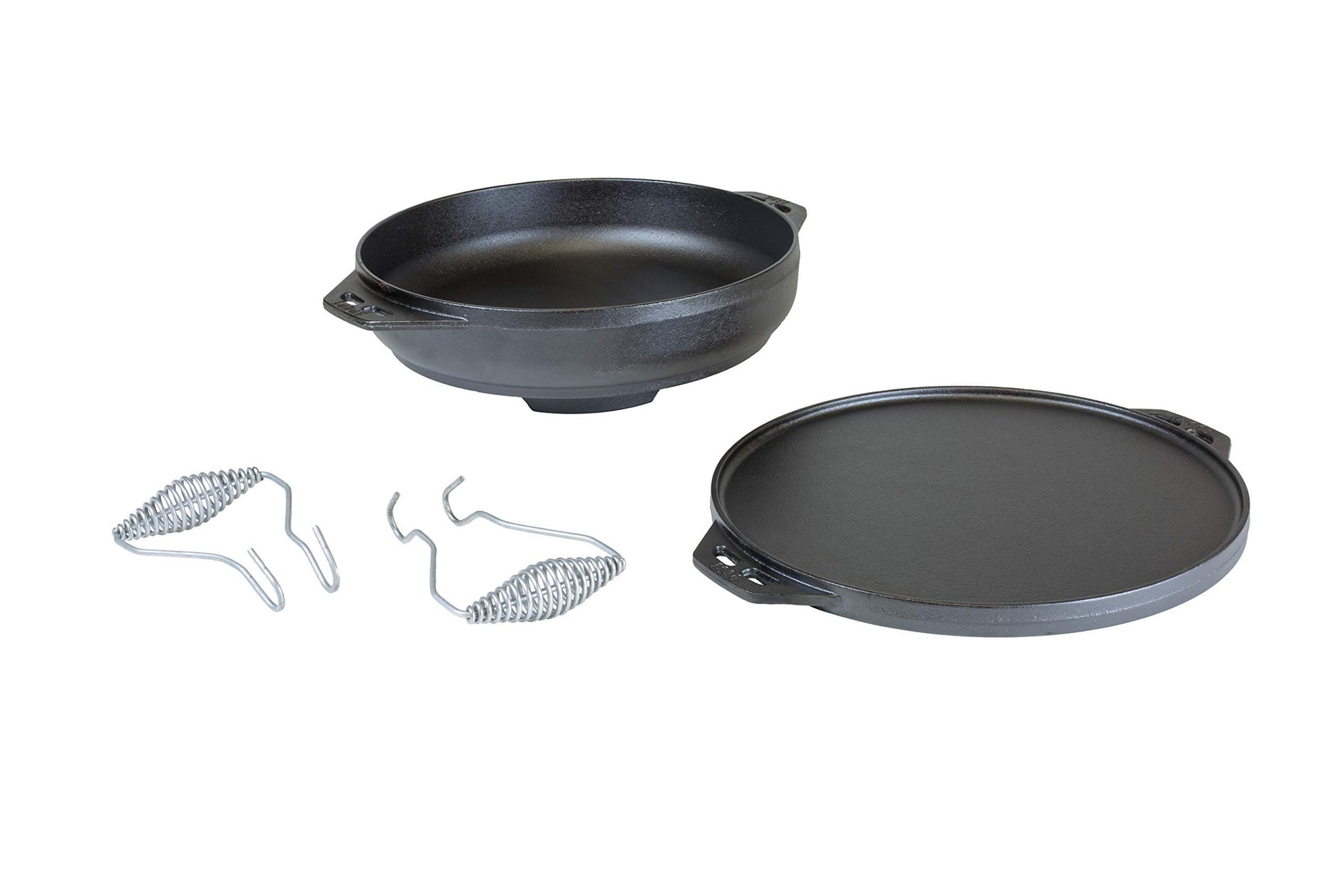 Lodge Cast Iron Cook-It-All Kit. Five-Piece Cast Iron Set Includes a Reversible Grill/Griddle 14 Inch, 6.8 Quart Bottom/Wok, Two Heavy Duty Handles, and a Tips & Tricks Booklet.