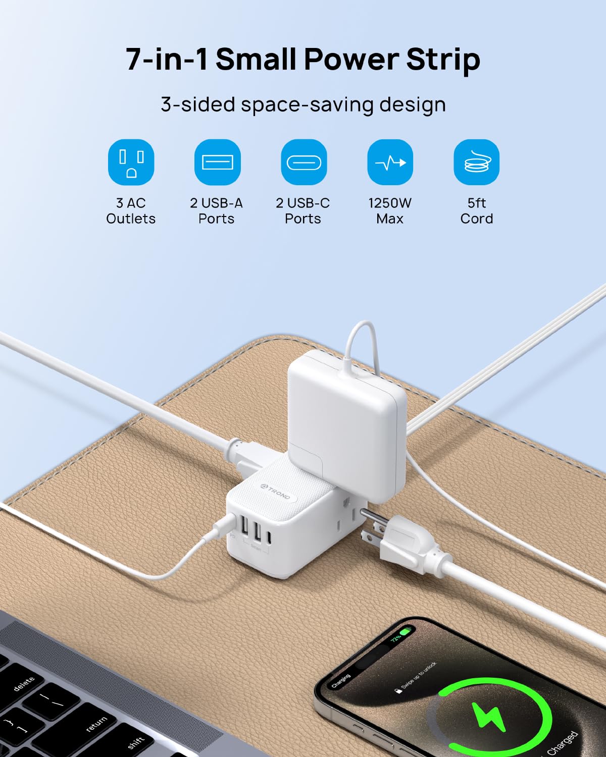 TROND REGULADOR DE Voltaje, 4000J, Certificado ETL, 10 ENCHUFES (2 USB-A + 2 USB-C), Cable 1.5M, Enchufe Plano, Montaje EN Pared, 14AWG, para HOGAR/Oficina/Taller, Negro