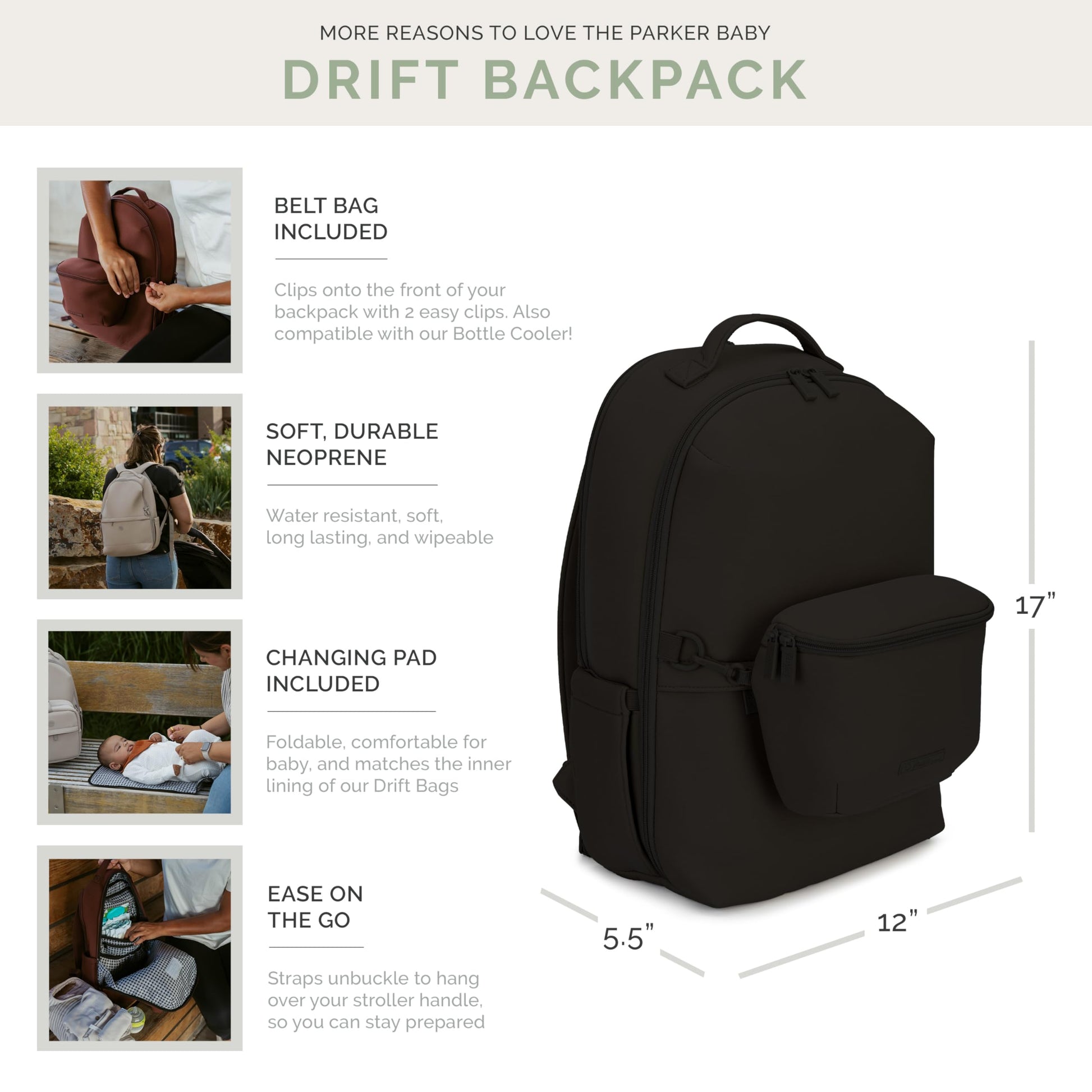 Parker Baby Drift Mochila de neopreno y bolsa para cinturón | Esencial de viaje sin granel con almohadilla para cambiar pañales y correas para carriola, Negro, Large, Moderno