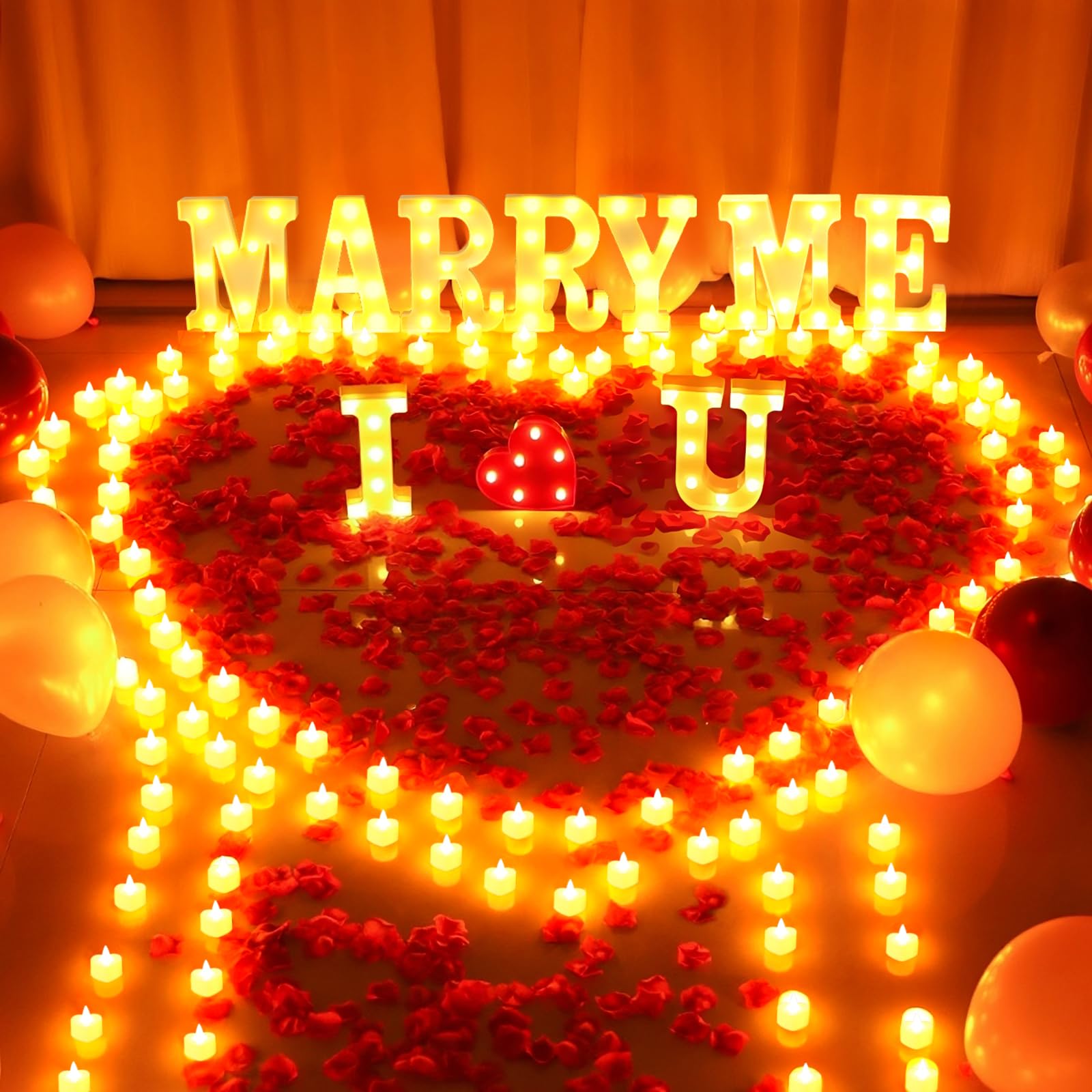 LAMATY Juego de letreros B- I LOVE U 1027 piezas con 3 letras LED, 24 velas LED, 1000 pétalos de rosa artificiales, decoración romántica