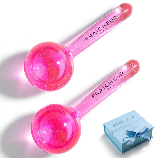FRAÎCHEUR ICE Globes | Frozen Cryo Roller for Cold Facial Massage | Skincare Cooling Glass Massager with Anti-Freeze Liquid Inside | Reduce Puffiness, Pores (Pink with Glitters)