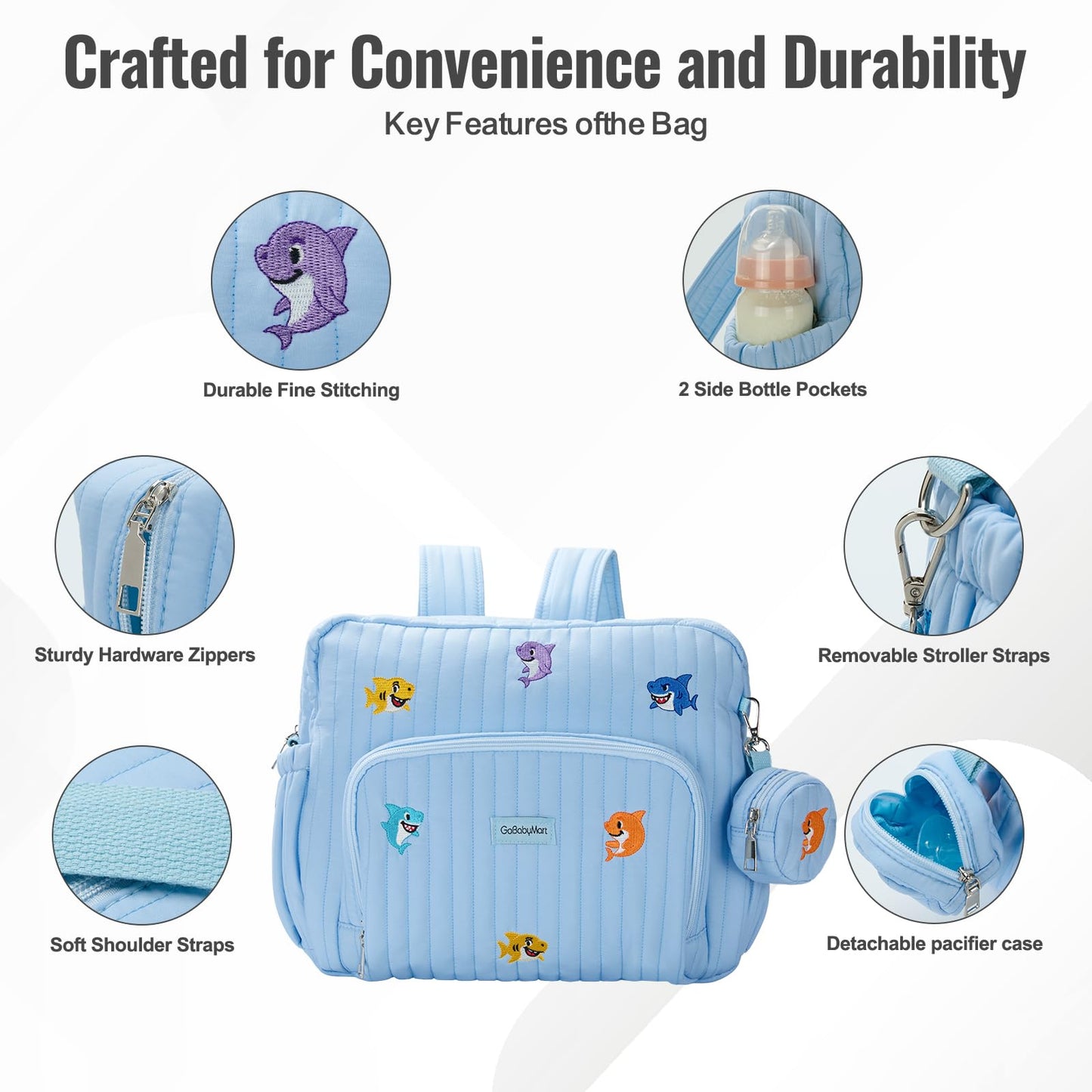GOBABYMART - Mochila para pañales con cambiador, bolsa de viaje para bebé, bolsillos aislados para botellas, correas para carriola (mediano - tiburones azules)