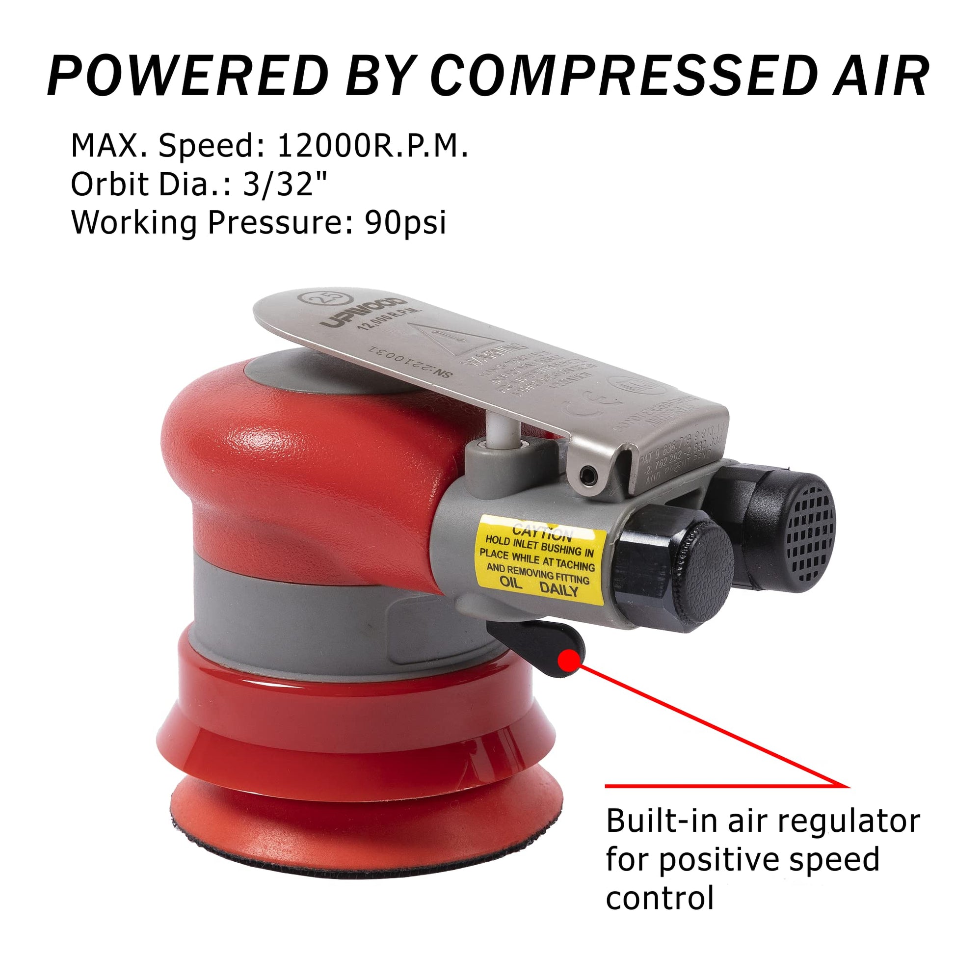 Lijadora orbital aleatoria neumática Lijadora de palma ligera de 7,6 cm (3/32 pulgadas) de diámetro órbita de 12000 RPM con almohadilla de respaldo adicional y 12 piezas de papel de lija