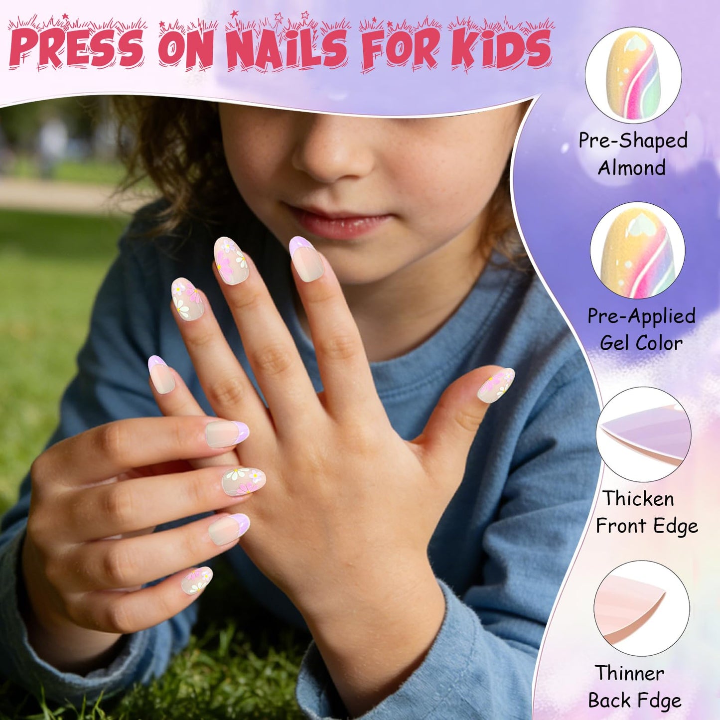 OPkssnails 96 uñas postizas para niños, 3 paquetes de uñas postizas ovaladas cortas con forma de flor para niñas adolescentes de 8 a 12 años, con lima y pulidor de uñas, 16