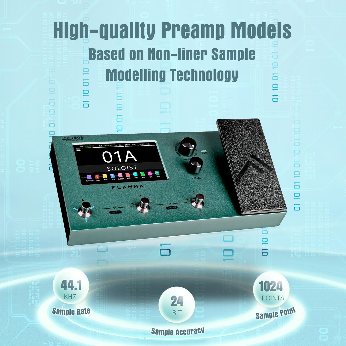 Pedal Multiefectos Flamma FX150B Negro con Visualización Táctil y Batería Integrada para Guitarra Eléctrica
