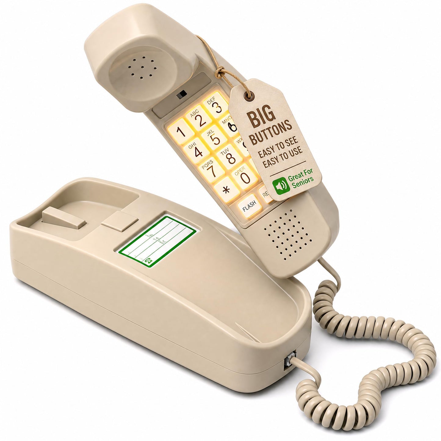 Teléfono con cable de botón grande iSoHo para personas mayores – Fijo fácil de usar con teclado iluminado, auricular ergonómico y sin necesidad de energía – Teléfono retro para el hogar para personas