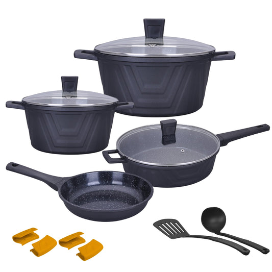 KOCHSTELLE – Bateria de cocina de mármol Antiadherente 13 piezas – Juego de utensilios de cocina de inducción - Juego de ollas y sartenes para cocinar – Modern Negra