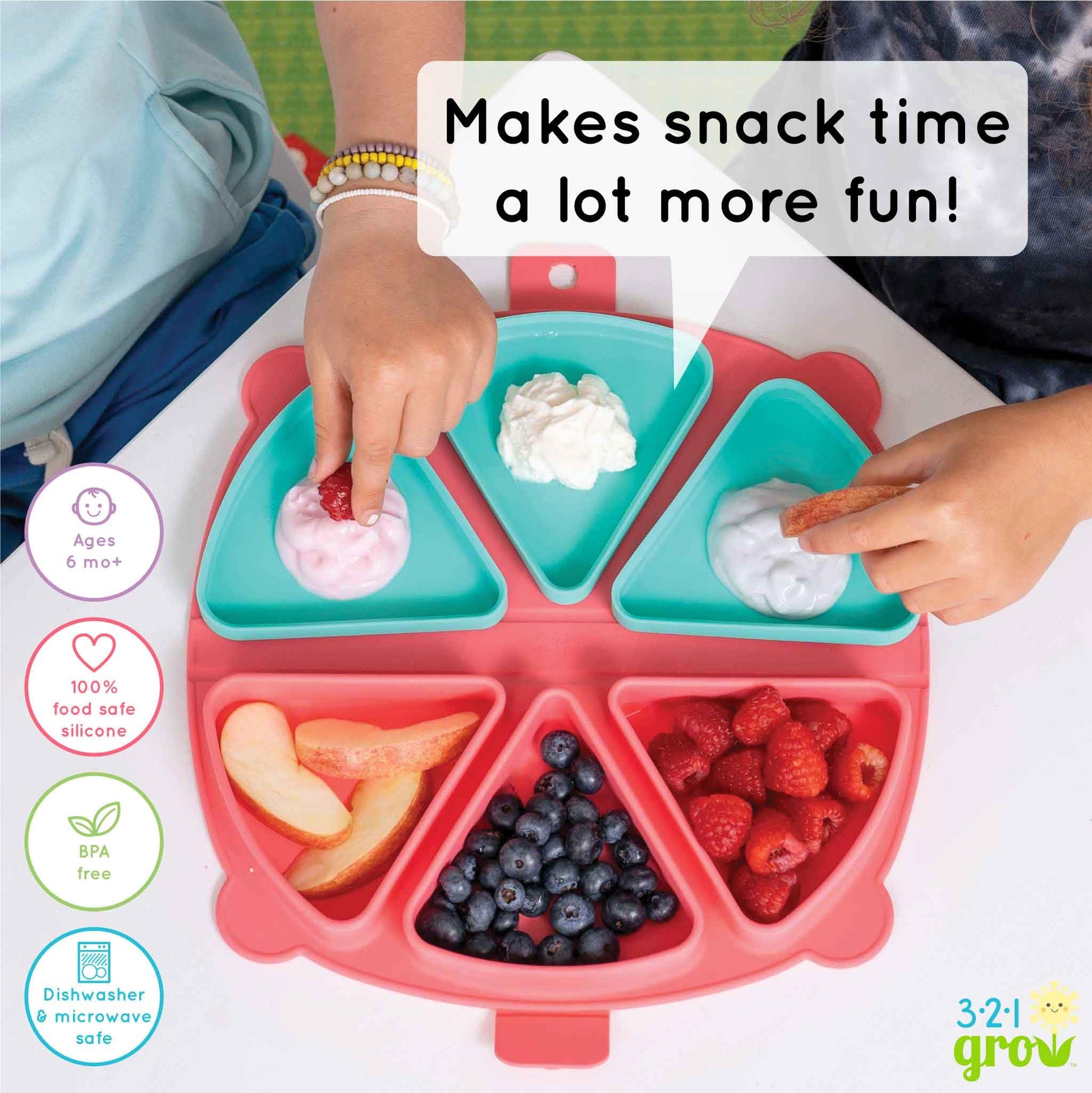 321 Grow Alfombrilla de silicona para snacks de viaje - Juego de manteles plegables reutilizables con 3 compartimentos y tapas - Plato para snacks de viaje apto para bebés y niños pequeños - Apto para