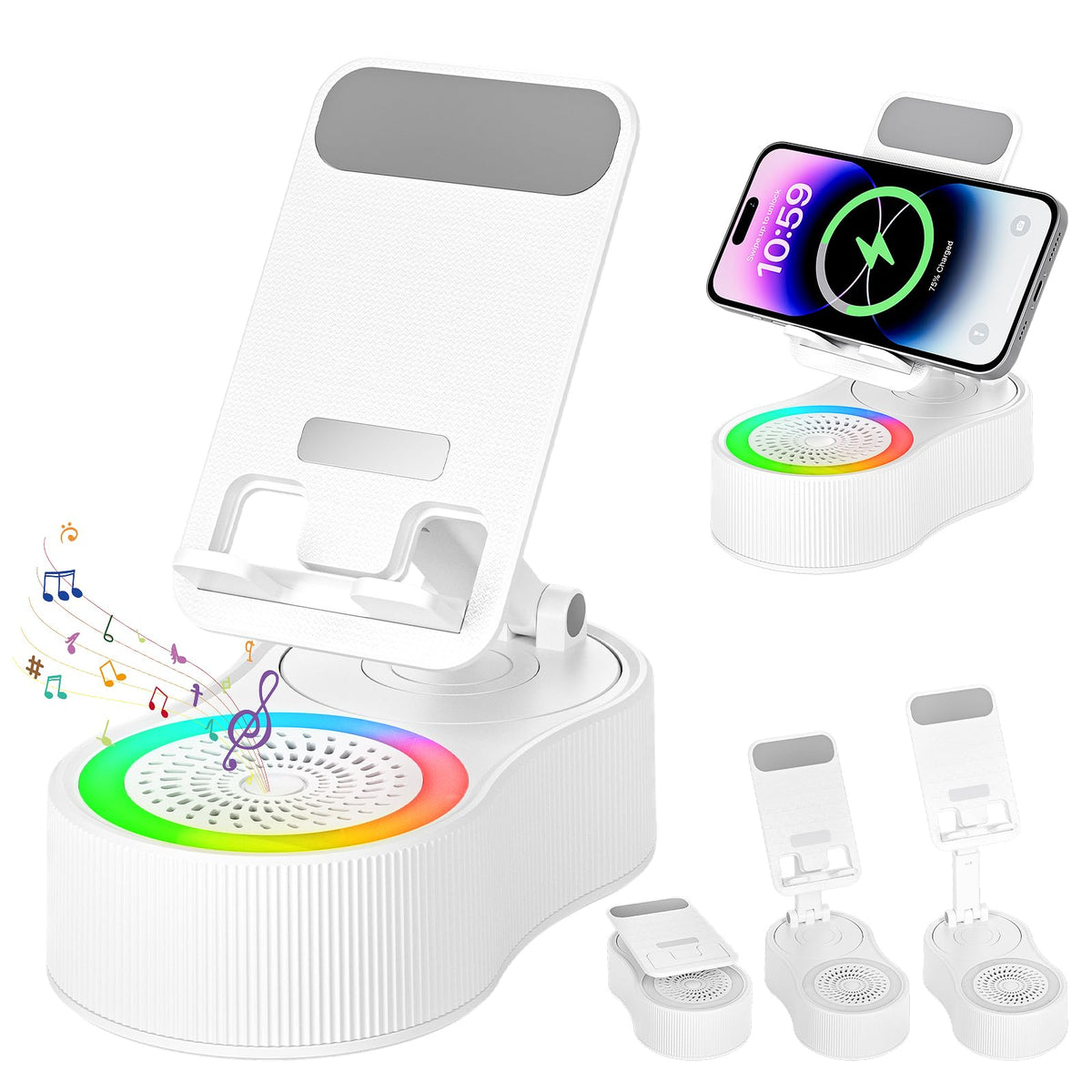 Soporte para Teléfono Celular con Altavoz Bluetooth Inalámbrico Giratorio 360° para Escritorio