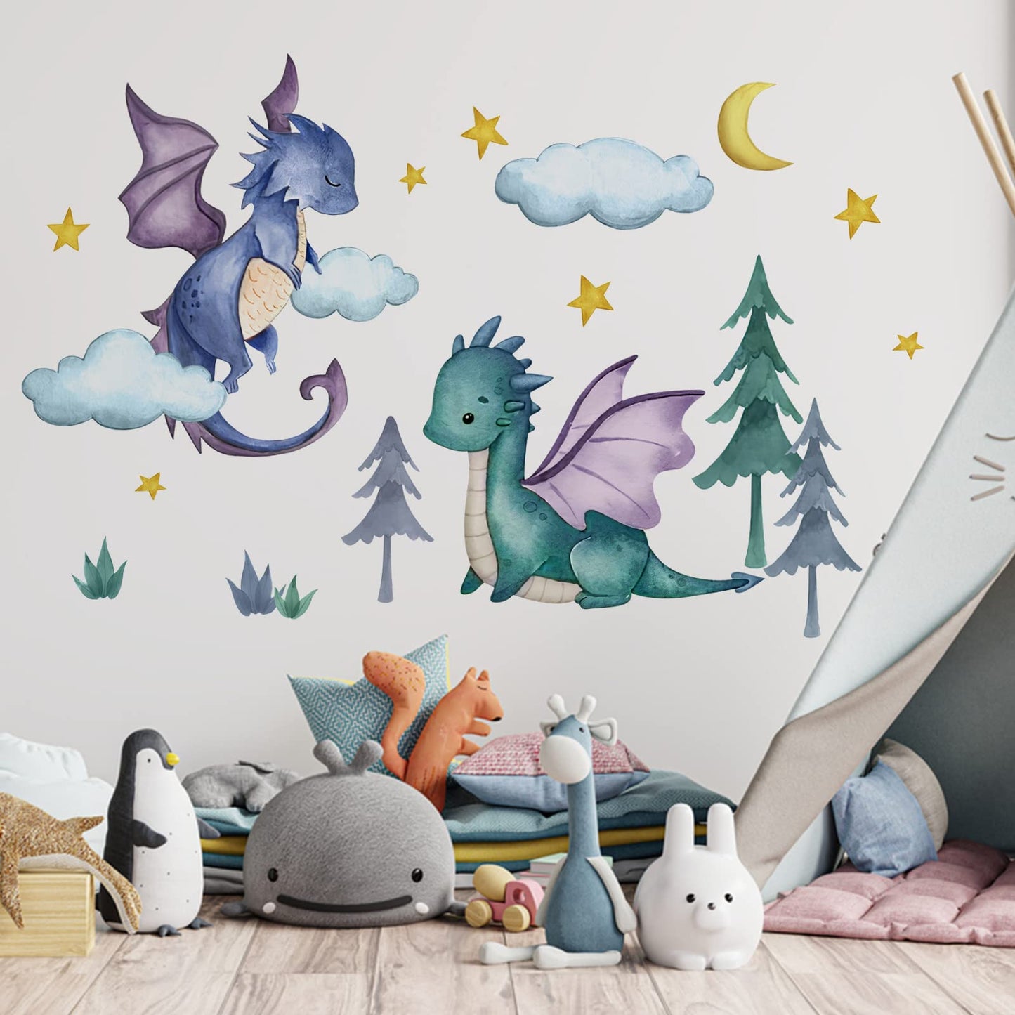 Yovkky Calcomanías de Pared de Dragón Bebé, Luna Estrellas Nubes Bosque Guardería Sala de Juegos Decoración, Habitación de Niños Decoraciones del Hogar Arte de Recámara de Niños Varones