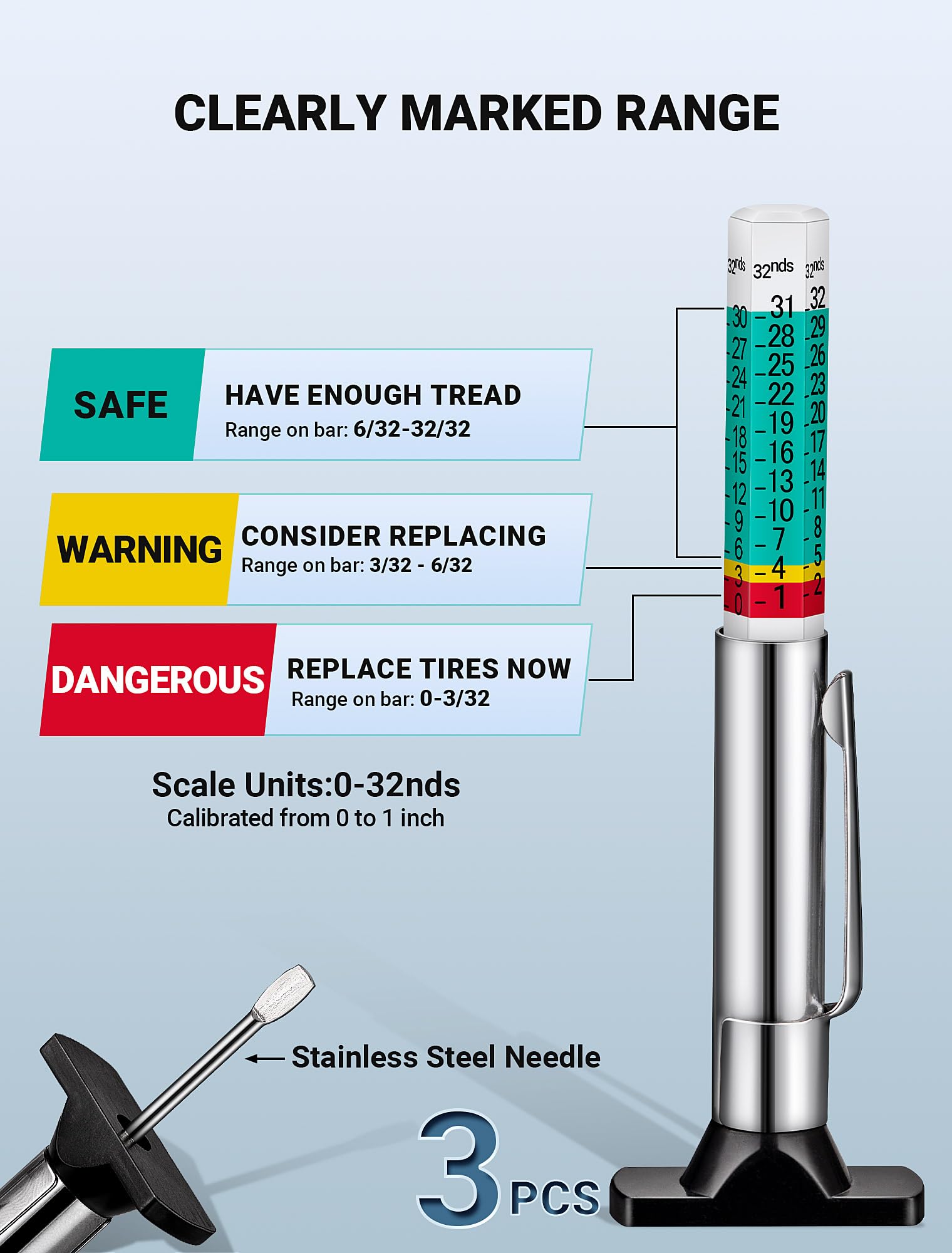 LUMITECO - Paquete de 3 calibradores de profundidad de banda de rodadura de neumáticos codificados por colores en 1/32 pulgadas, medidor de profundidad eficiente de banda de rodadura de 32 pulgadas,