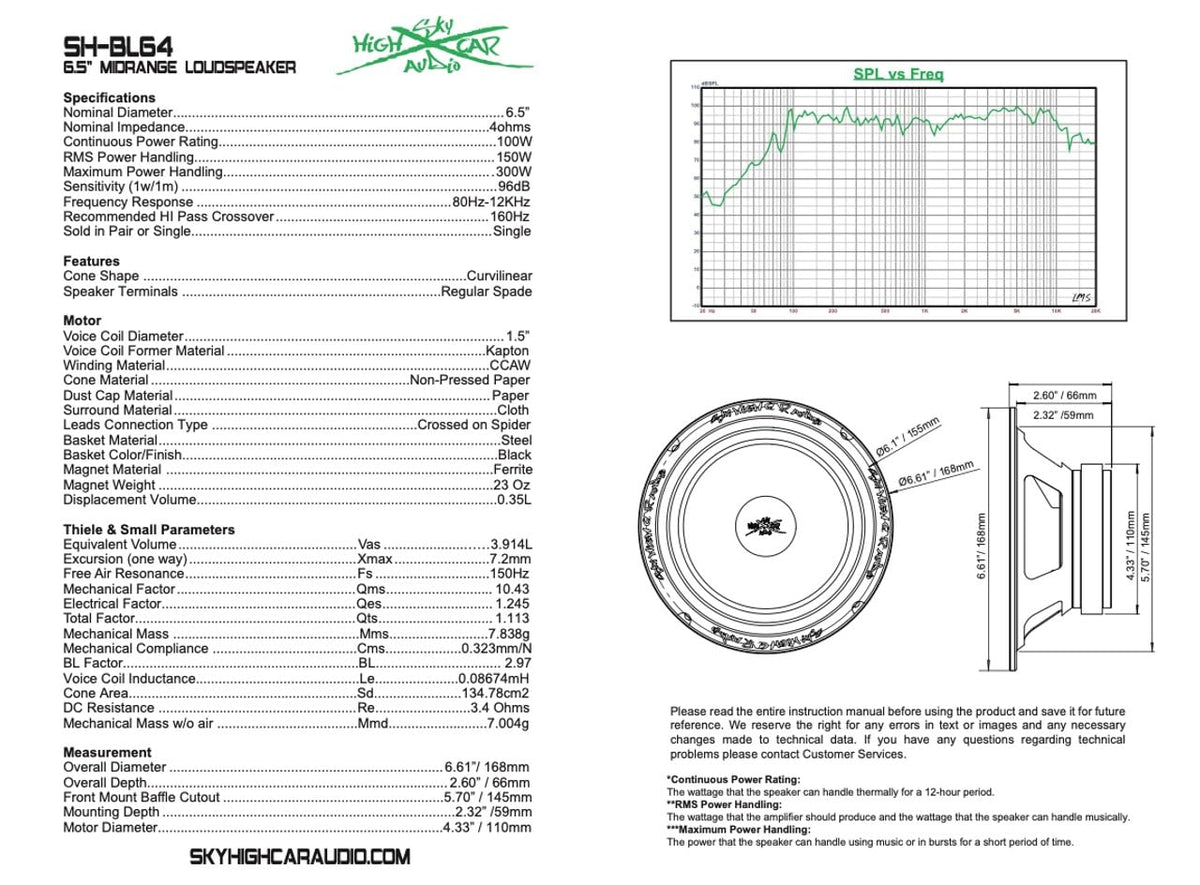 Altavoz de Rango Medio Sky High Car Audio SH-BL64 6.5 Pulgadas 4 Ohm