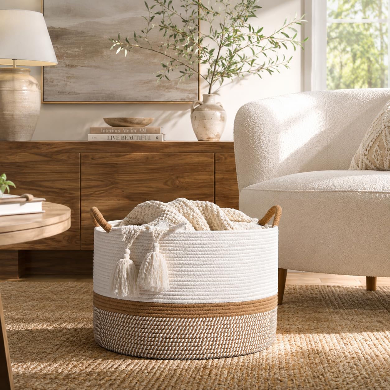KAKAMAY - Cesta de manta grande (50.8 x 33.02 cm), cestas tejidas para almacenamiento de ropa de bebé, cesta de manta de cuerda de algodón para sala de estar, lavandería, guardería, almohadas, pecho