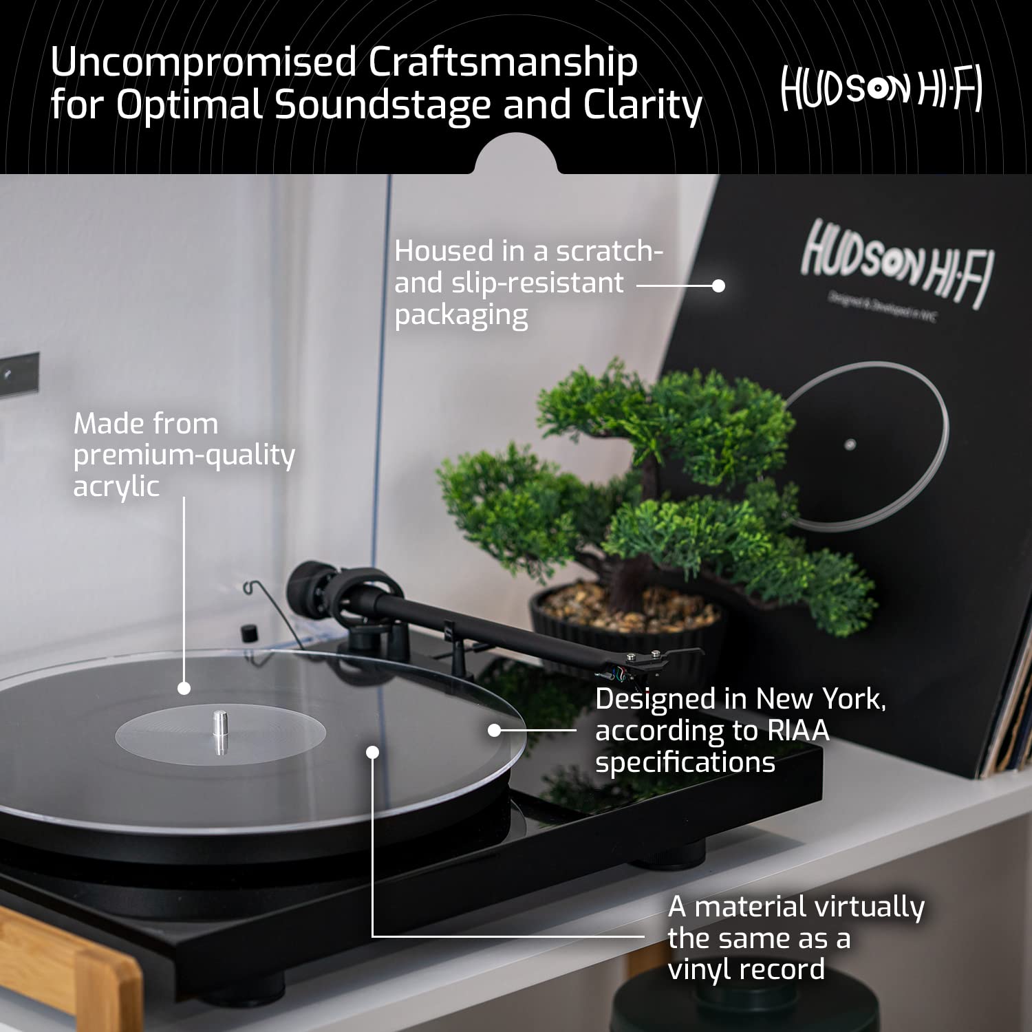 Hudson Hi-Fi Estera giratoria de acrílico - LP Slipmat para tornamesas y Tocadiscos de Vinilo - Transparente