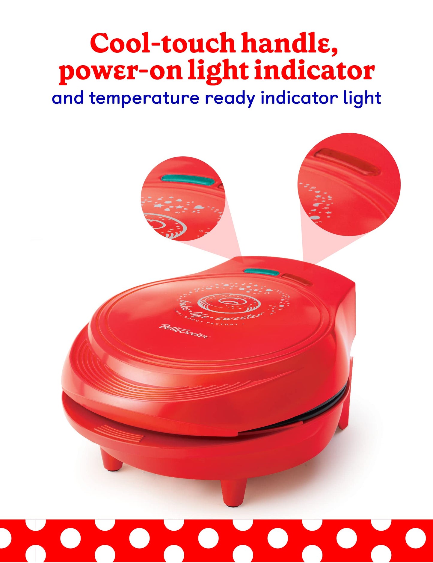 BETTY CROCKER Máquina para hacer donas, mini donas con superficie antiadherente, mini máquina para hacer donas con mango de tacto fresco y hace 7 deliciosas donas frescas en minutos, rojo