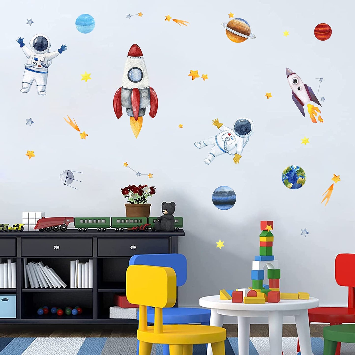 Yovkky Space Astronauta - Calcomanía de pared para naves espaciales, sistema solar galaxia, planeta, despegar, pegatina de acuarela, cohete, cosmonauta, astronave espacial, estrella, decoración del