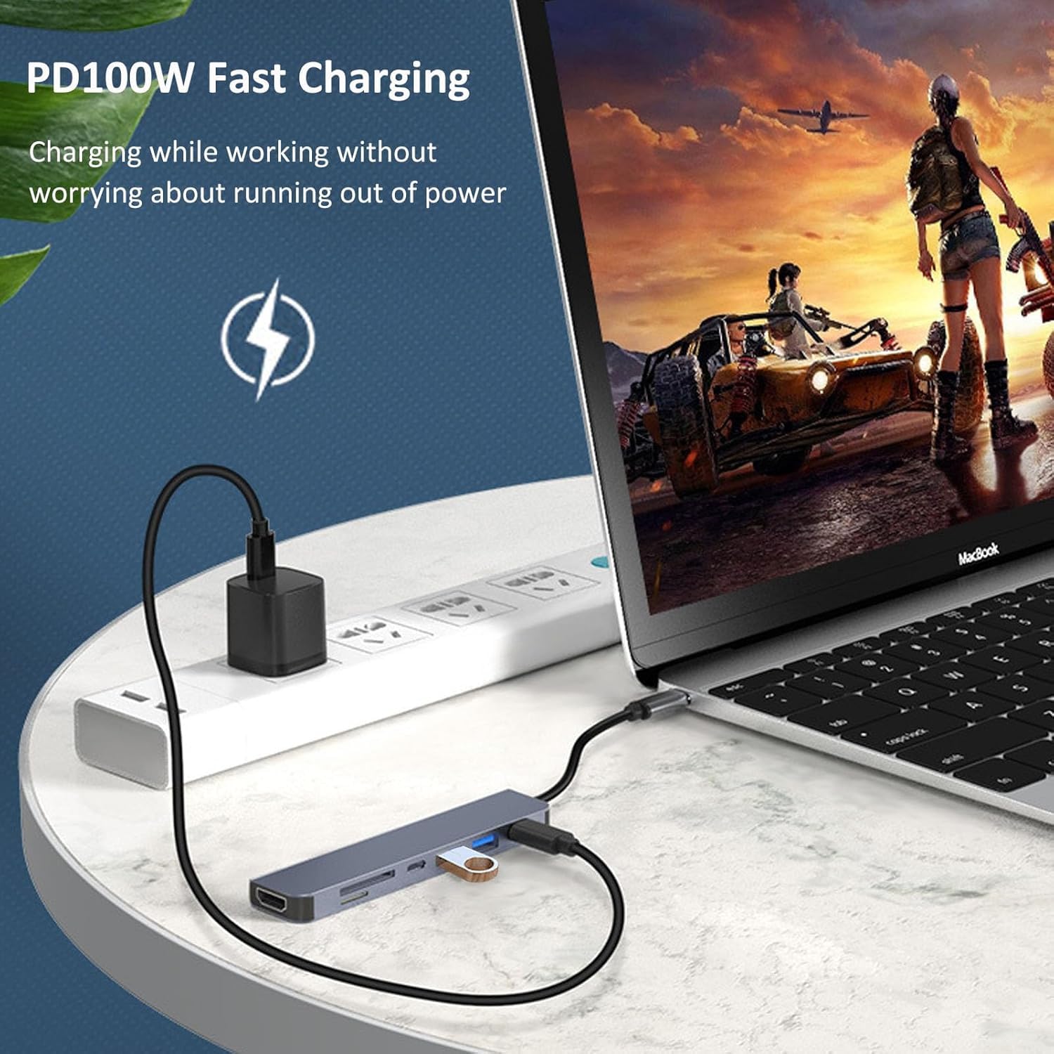 Hub USB C, 7 en 1 Adaptador Tipo C a HDMI 4K, USB 3.0, PD Carga 100W, Lector de Tarjetas SD TF, 5Gbps USB C Datos Puerto Compatible con MacBook Pro Air iPad DELL Switch Steam Deck etc.