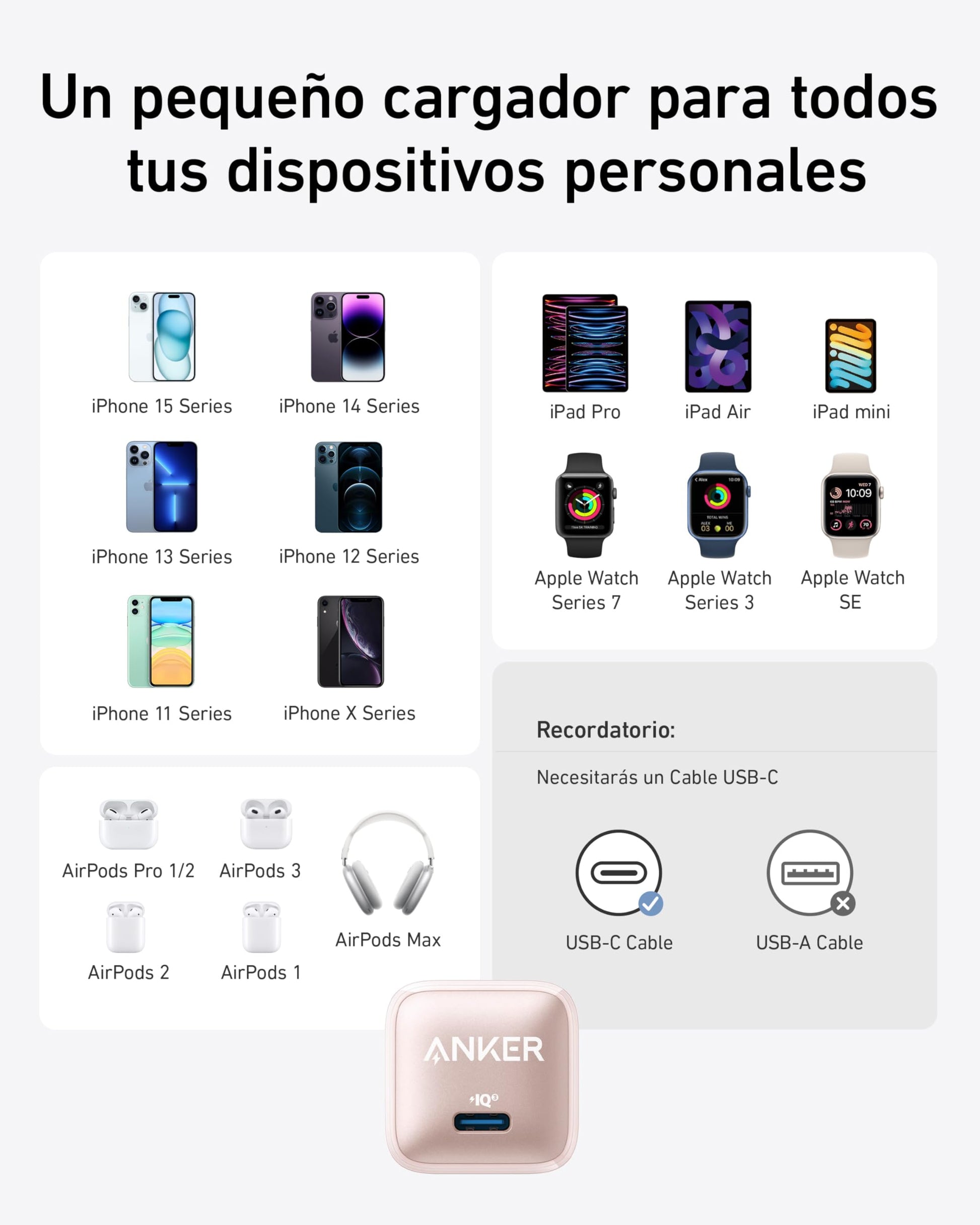 Anker Cargador USB C de 20 W, Cargador 511 (Nano Pro), PIQ 3.0 Cargador rápido Compacto para iPhone 16/16 Plus/16 Pro/16 Pro MAX, Serie 15/14/13, Galaxy, Pixel 4/3, iPad (Cable no Incluido)