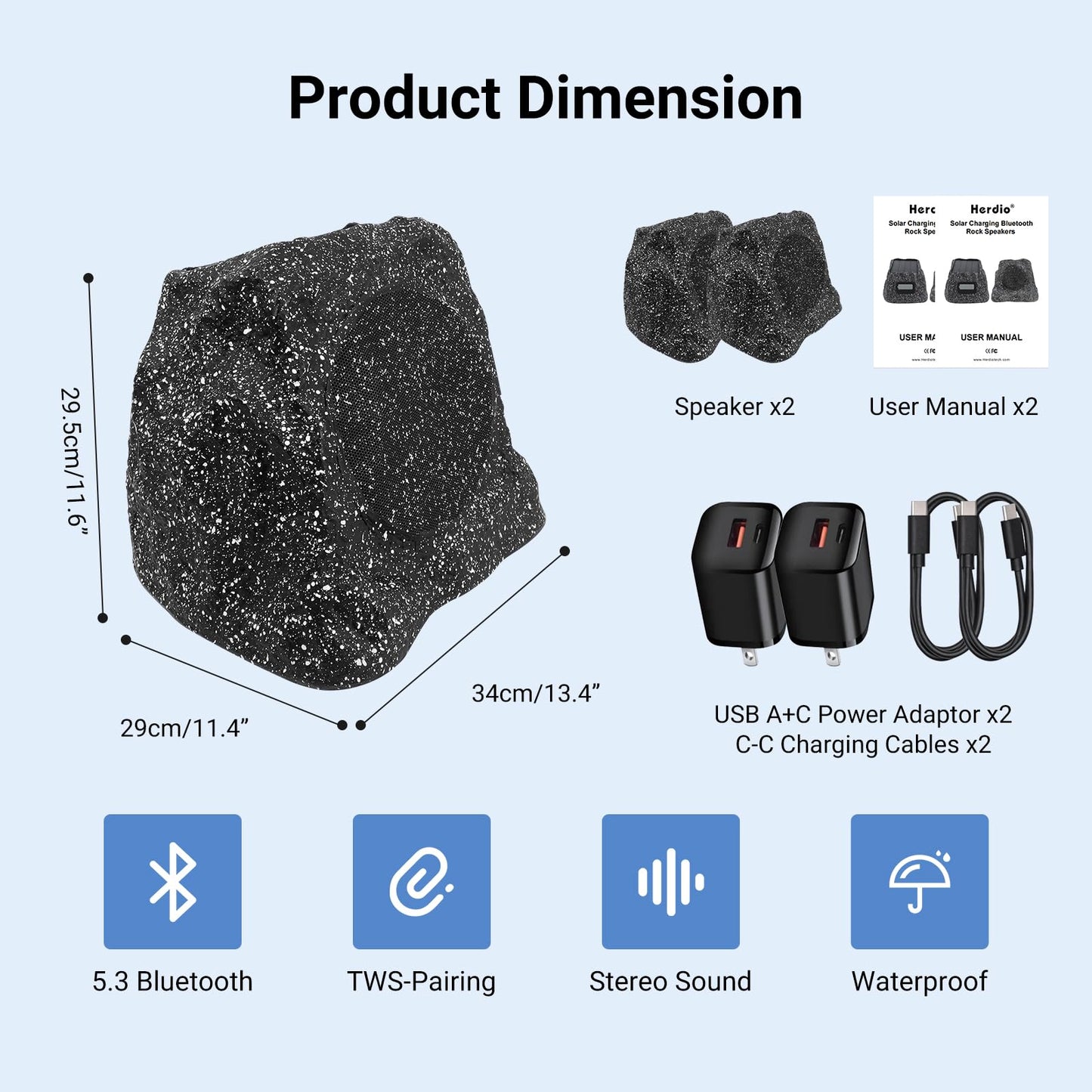 Herdio - Bocinas de roca Bluetooth de 8" para exteriores, resistentes al agua IPX7, inalámbricas, solares, potencia máxima de 240 vatios, conexión TWS, alimentadas con batería recargable para jardín