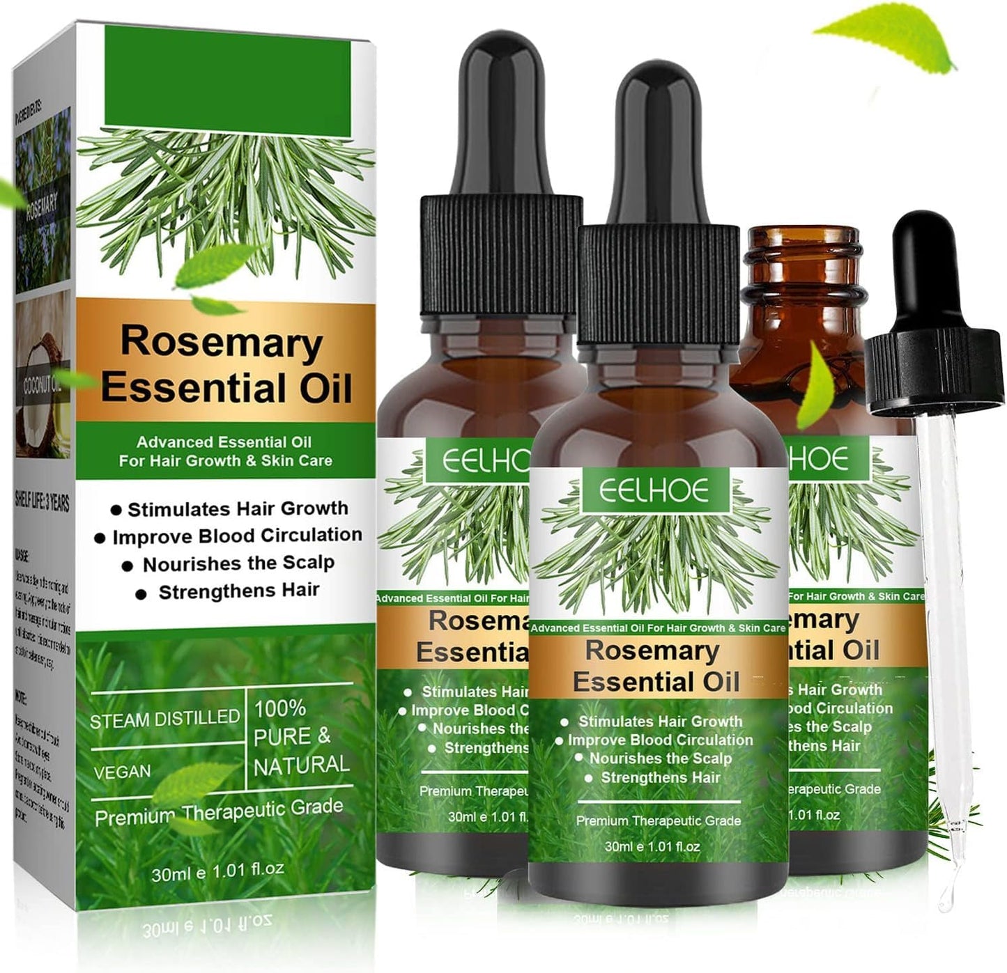 Pack de 3 Aceites Esenciales de Romero para Estimular el Crecimiento del Cabello Seco - 30ml. ¡Potencia la salud capilar con esta fórmula natural!