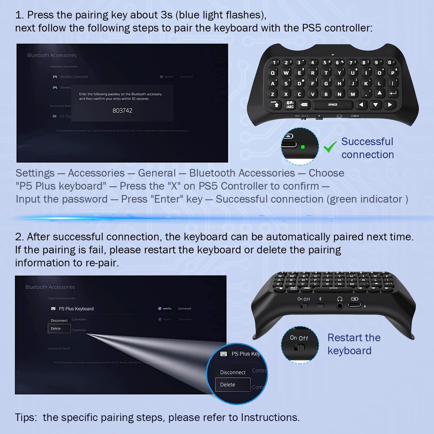 Teclado Retroiluminado Verde MoKo Negro para Controlador PS5 con Altavoz Incorporado y Conector de Audio 3.5mm