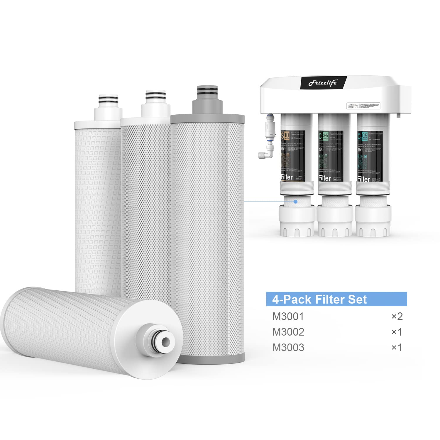 Frizzlife M3005 - Juego de cartuchos de filtro de repuesto (4 unidades) para SK99, SP99, SK99 nuevo y SP99 nuevo sistema de filtro de agua debajo del fregadero