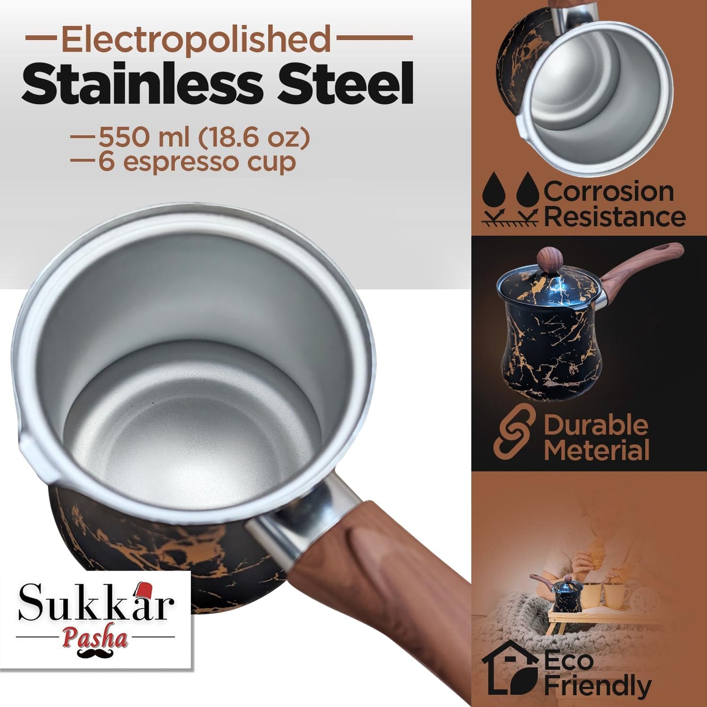 Cafetera turca de 19 onzas – Ibrik turco para café sabroso – Cafetera arábiga multiusos con tapa – Cafetera de acero inoxidable resistente