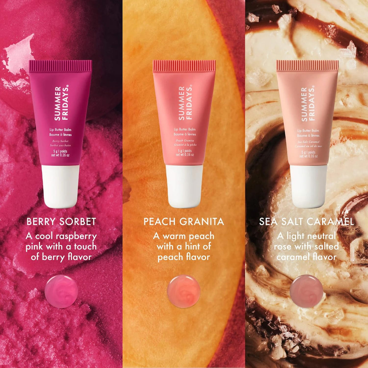 Summer Fridays Sweet Summer Minis, Bálsamo Labial Lip Butter Balm, Berry Sorbet, Peach Granita y Sea Salt Caramel, Edición Limitada, 3 Piezas