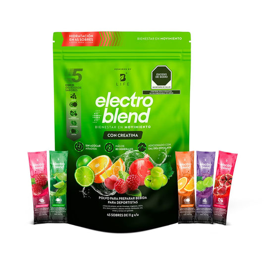 B Life Electrolitos con Creatina | 5g de creatina monohidratada por porción | 45 sobres | Sin Azúcar Ni Colorantes Añadidos | Más de 80 Minerales | 495g | Electroblend Con Creatina.