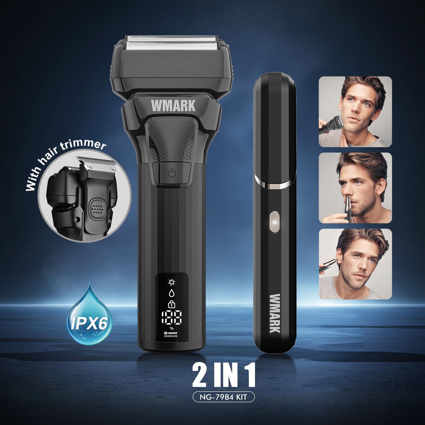 WMARK Kit de afeitado recargable de 2 piezas: afeitadora 2 en 1 para hombre (2 cabezales flotantes reciprocantes) y recortadora para nariz y orejas (10 000 RPM), cubierta de rejilla desmontable y fáci