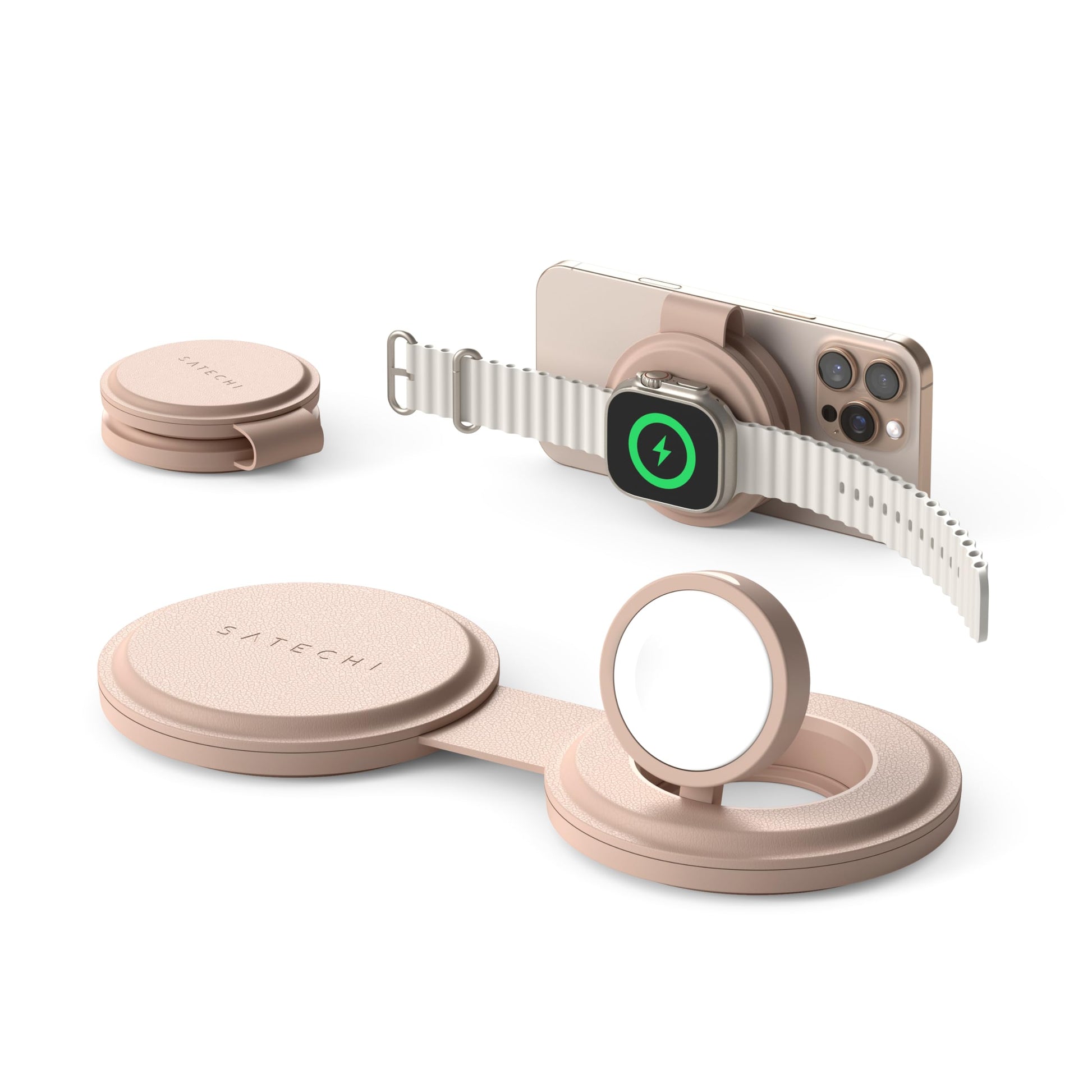 SATECHI OntheGo™ Cargador Inalámbrico 2 en 1, Cargador Portátil Qi2 con Carga Rápida de 15W para iPhone y 5W para Apple Watch, Estación de Carga Magnética de Viaje – Rosa Desierto