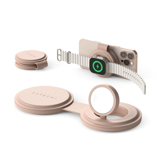 SATECHI OntheGo™ Cargador Inalámbrico 2 en 1, Cargador Portátil Qi2 con Carga Rápida de 15W para iPhone y 5W para Apple Watch, Estación de Carga Magnética de Viaje – Rosa Desierto