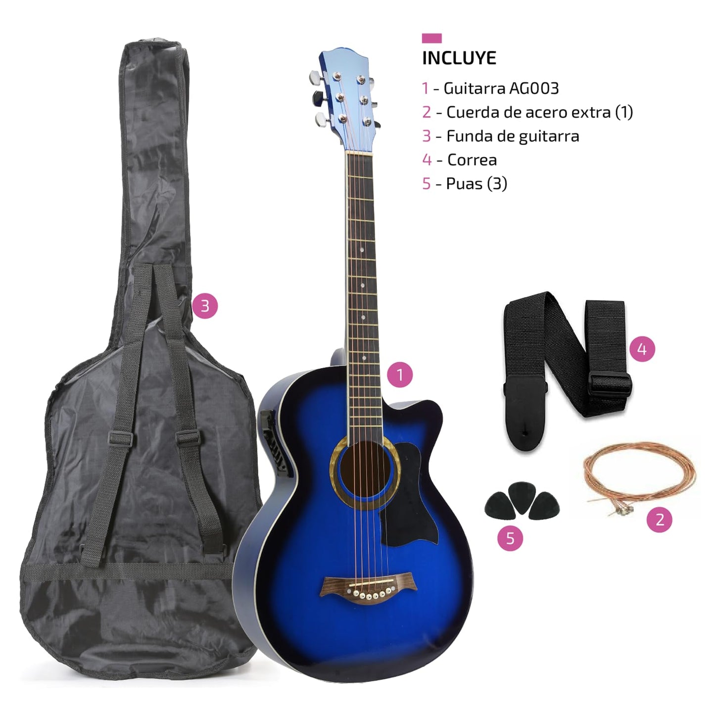 FEMMTO Guitarra Electroacústica con Bolso + Cinta + Púas + Cuerdas extras (Azul)