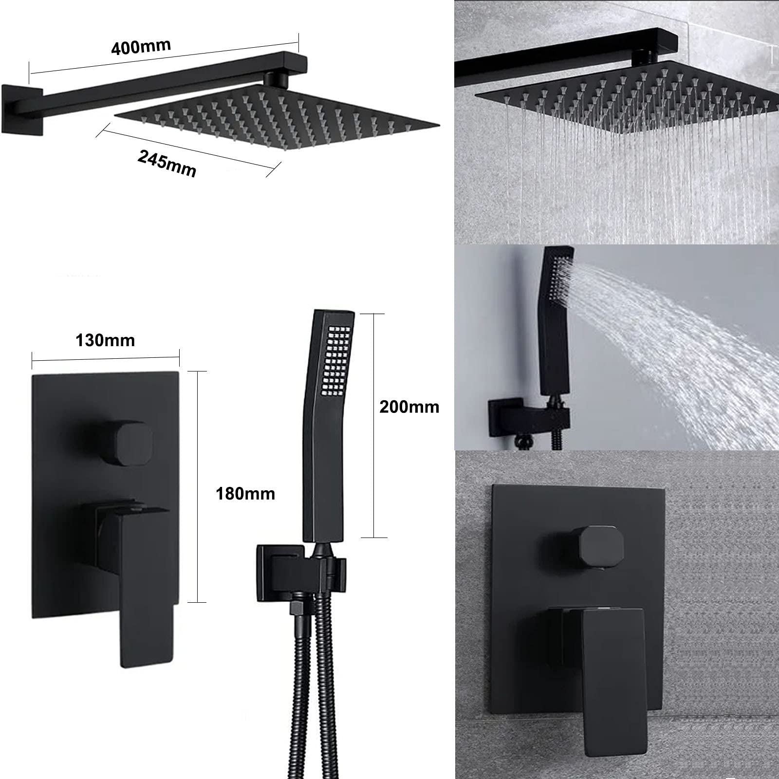 Grifos Ducha Empotrados Set- UCMDA Sistema de Ducha Inteligente Mezclador, Regadera Negro para Baño, Cabeza de Ducha Cuadrada de 10 Pulgadas y Rociador Ducha Mano Incluida Válvula Empotrada Kit