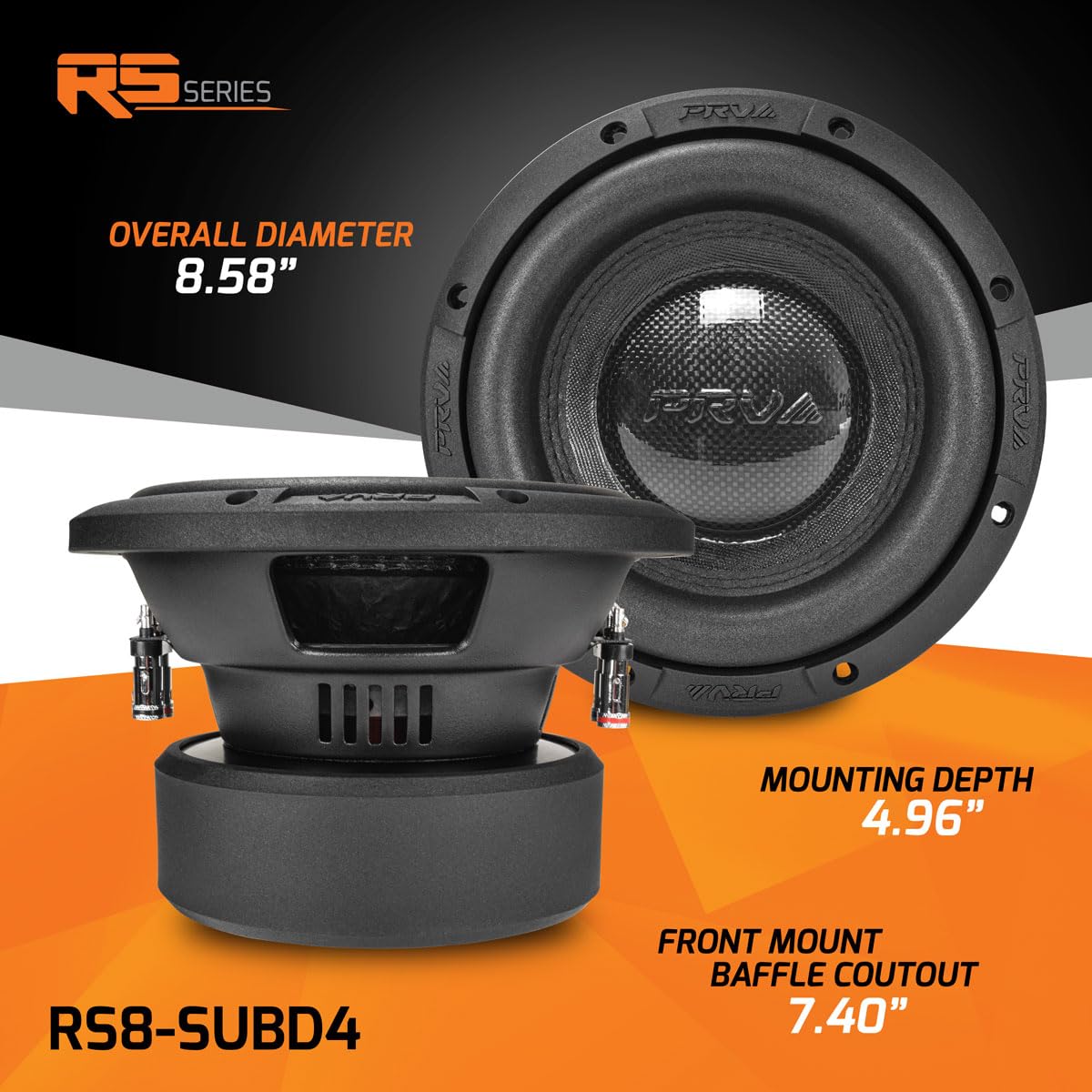 PRV AUDIO Sub D4 de 8 pulgadas de potencia máxima de 1000 vatios dual de 4 ohmios, 14.5 mm Xmax, RS8-SUBD4, bobina de voz de 2.4 pulgadas, subwoofer de coche de 8 pulgadas de tonos bajos profundos