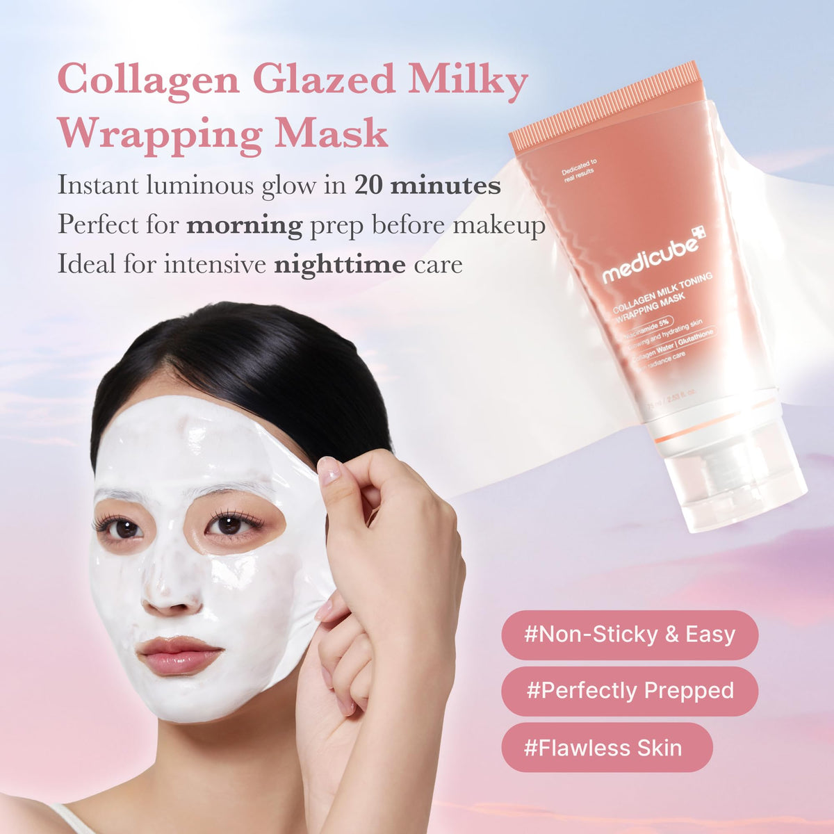 Medicube Wrapping Mask Collagen Glazed Milky Glow Daytime Peel Off Mask | Quick and Easy Care with Glutathione, Niacinamide for Plumped, Hydrated & Smooth Skin | Korean Skin Care, 2.53 Fl.oz
