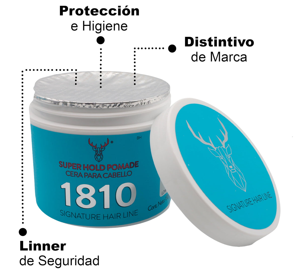 1810 Cera SUPER HOLD POMADE para cabello (Nueva Imagen) - FIJACIÓN ALTA - BRILLO MEDIO - Pomada para cabello Base Agua - Libre de Parabenos - Libre de Sulfatos - Cruelty Free - High Hold Medium Shine Pomade - Efecto Cera sin Residuos - 4.58 oz/130 gr