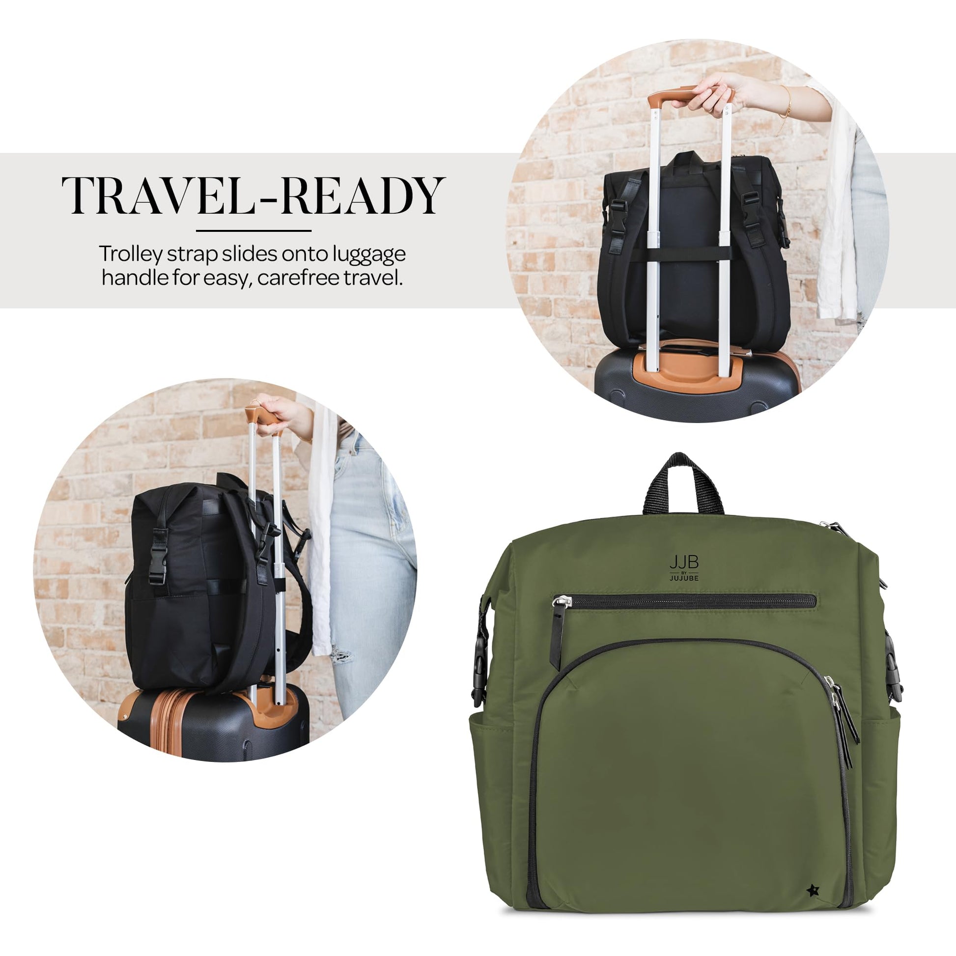 JuJuBe - Mochila para pañales con cambiador, organizador de gran capacidad de 11 bolsillos, bolsillo aislado para botellas, correas para carriola y manga para carrito, bolsa de viaje para bebé para