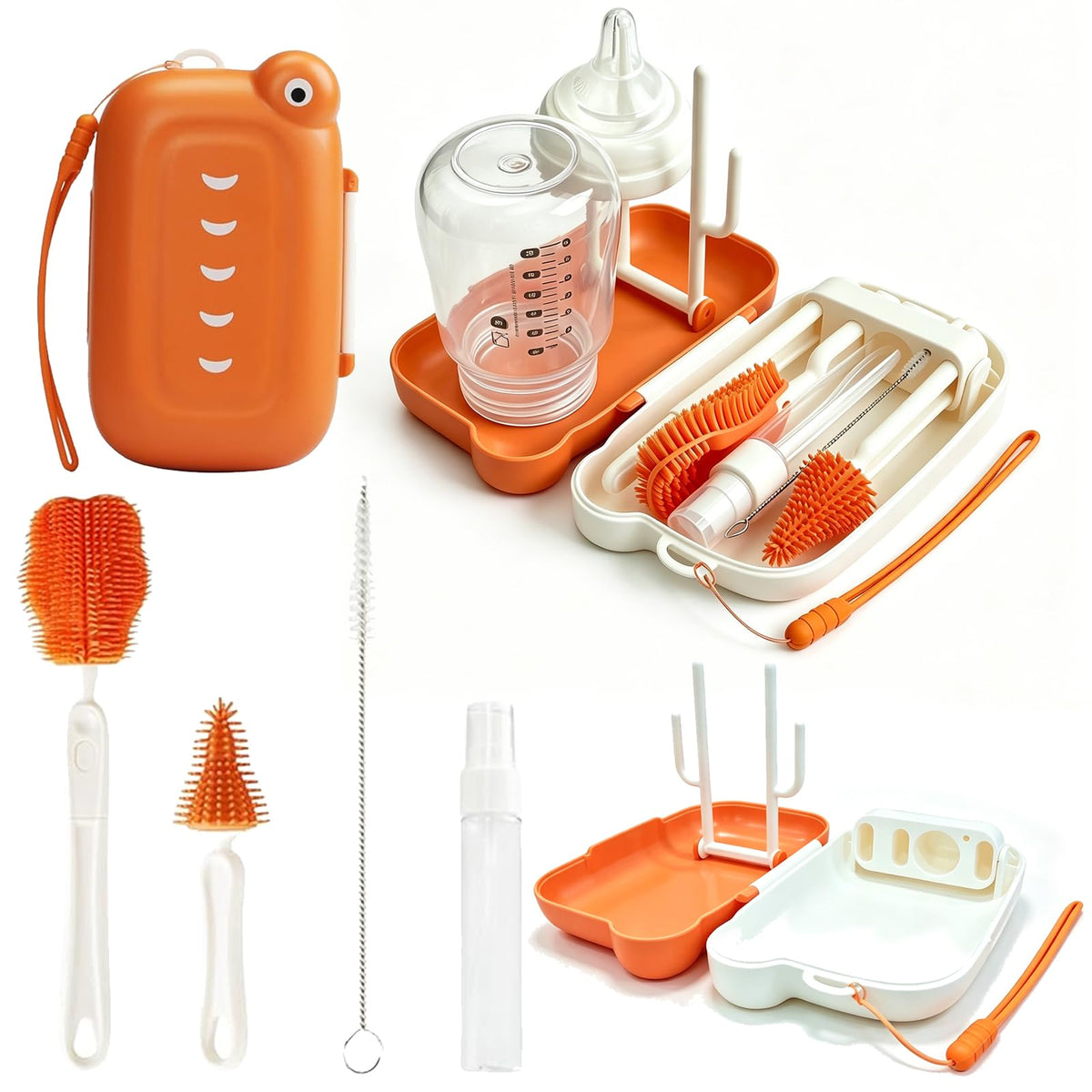 Kit de cepillo para polvo de biberón 6 en 1, juego de limpiador portátil de silicona con cepillo para polvo de pajita, cepillo para polvo de pezón, estante de secado, dispensador de jabón, bolsa de
