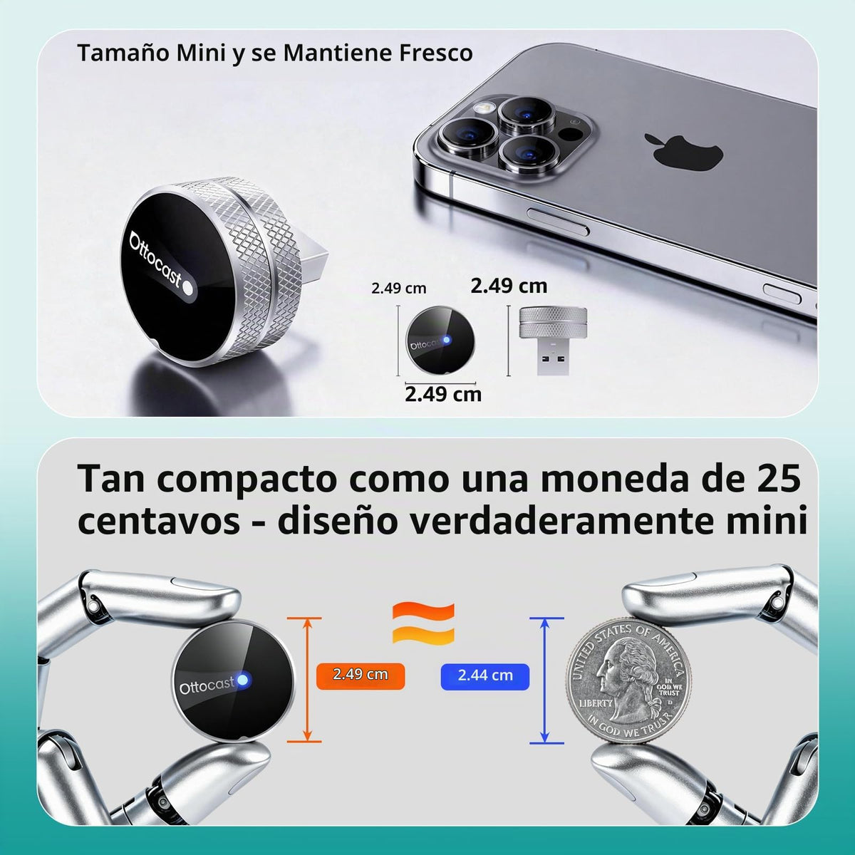 Adaptador Inalámbrico OTTOCAST Mini Tube 2026 WiFi 5 GHz Diseño Premium de Aluminio